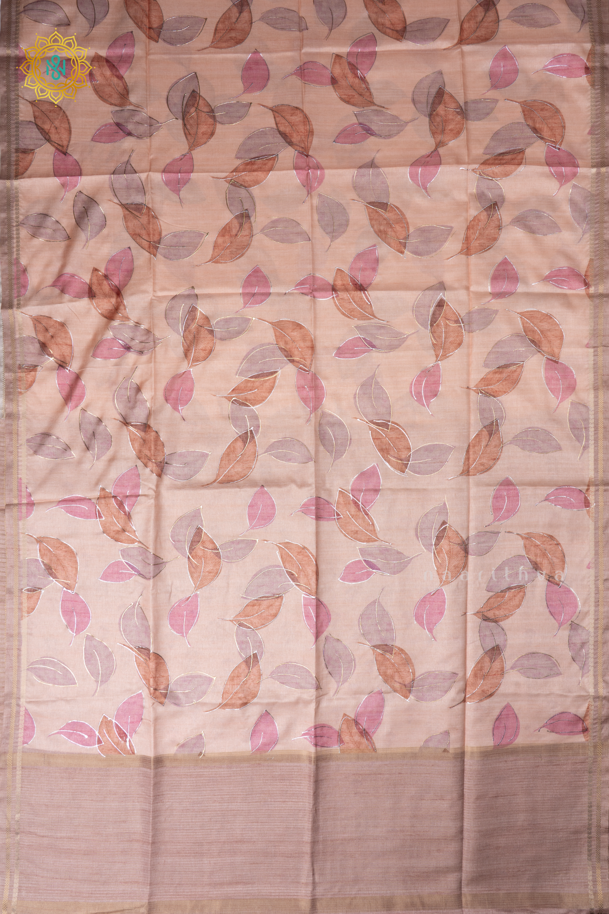 Peach Semi Tussar Silk Saree With Allover Leaf Prints On The Body With Contrast Pallu