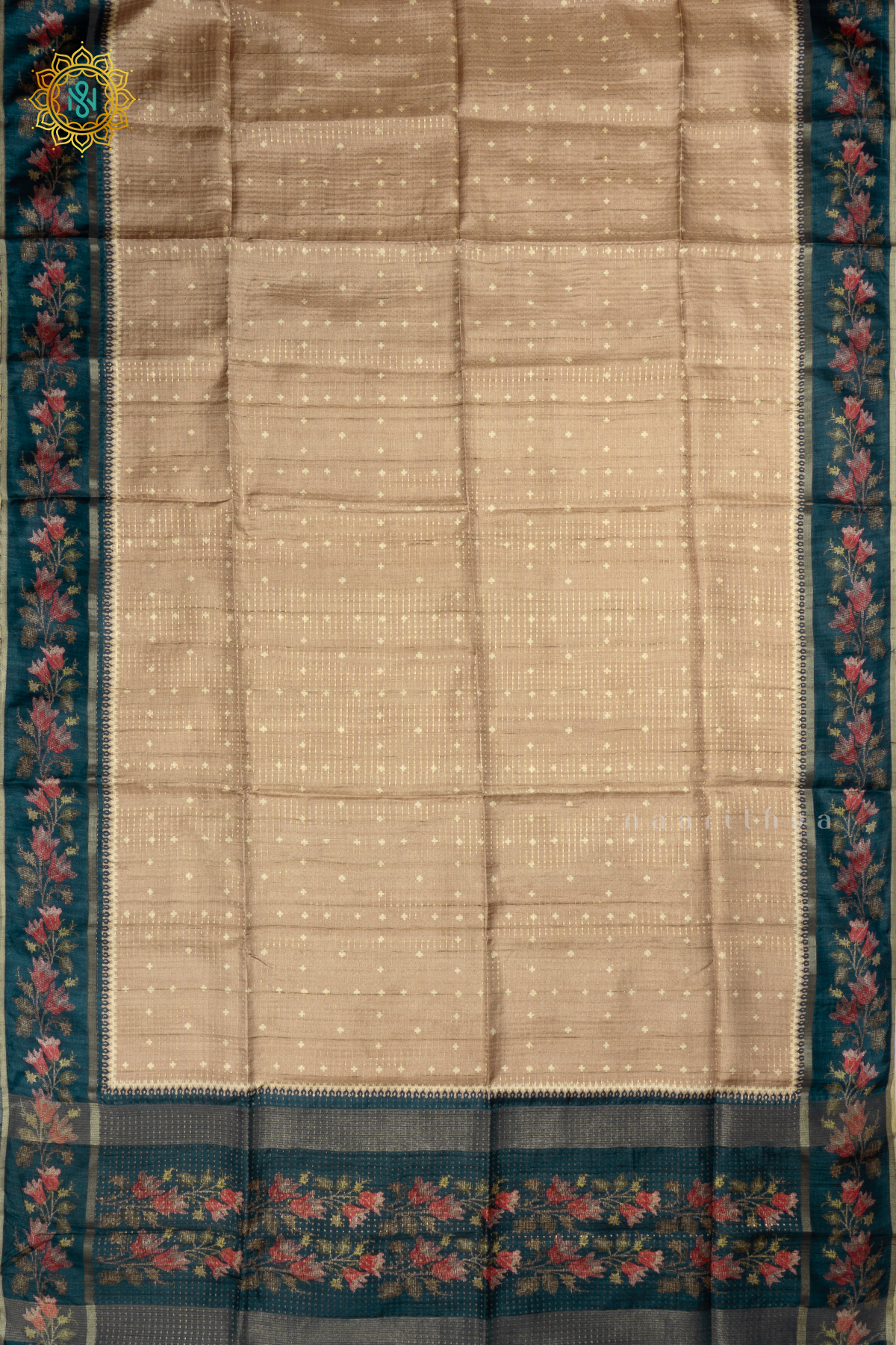 BEIGE WITH PEACOCK BLUE - SEMI TUSSAR SILK