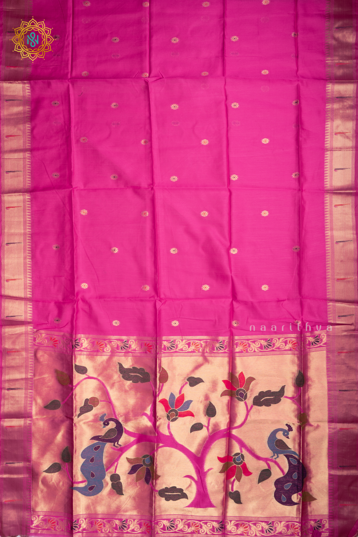 Pink Semi Tussar Silk Saree Zari Buttas On The Body With Paithani Border & Pallu