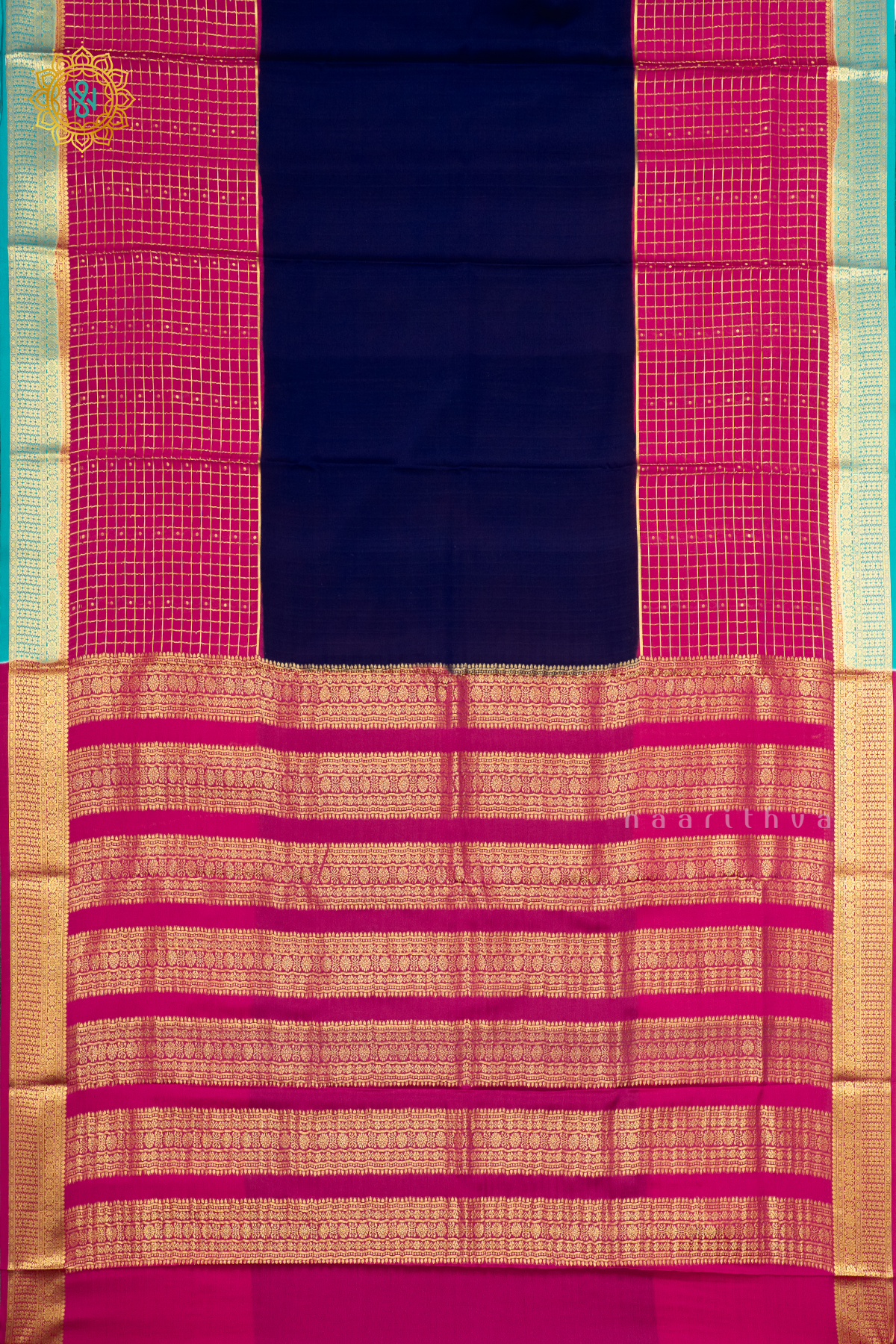 BLUE WITH PINK & SKY BLUE - PURE MYSORE CREPE SILK