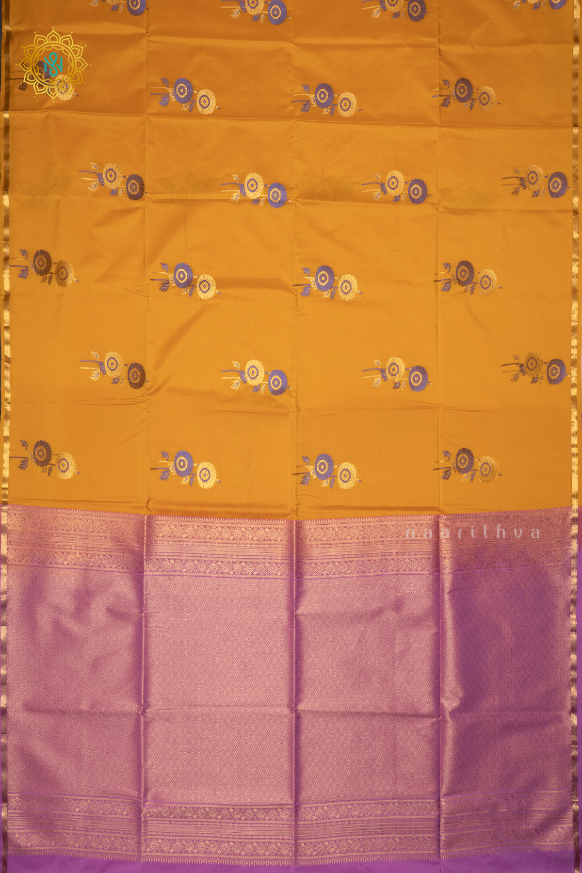 YELLOW WITH LAVENDER - SEMI SOFT SILK SAREE ALLOVER ZARI BUTTAS AND CONTRAST GAP BORDER