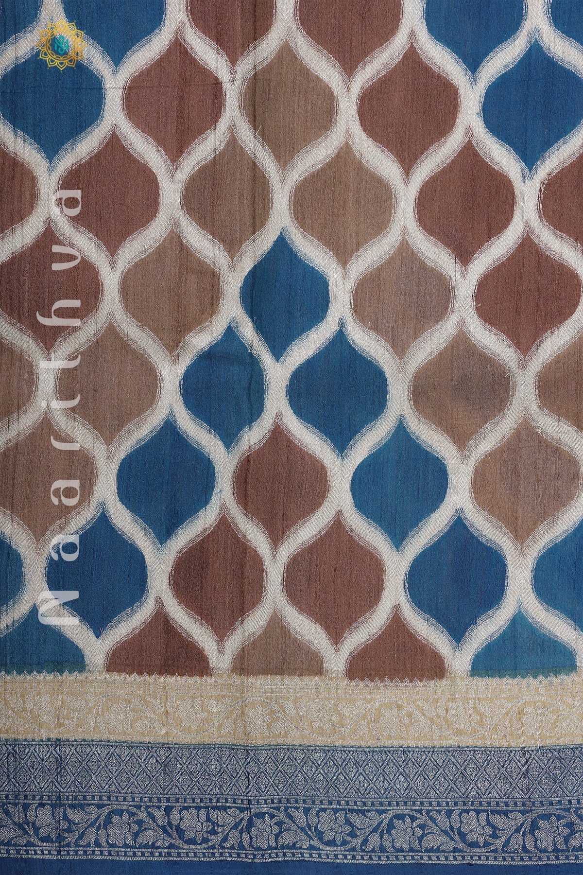 BROWN WITH BLUE - PURE TUSSAR SILK