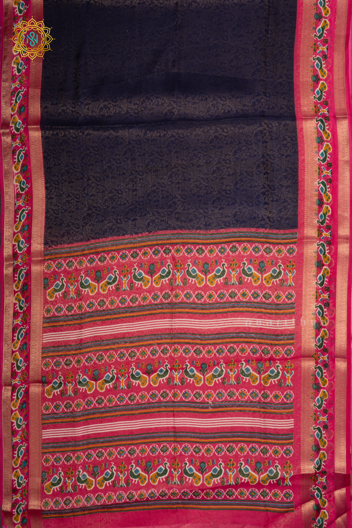 Navy Blue With Pink Dola Silk Saree With Zari Woven Body And Printed Zari Border