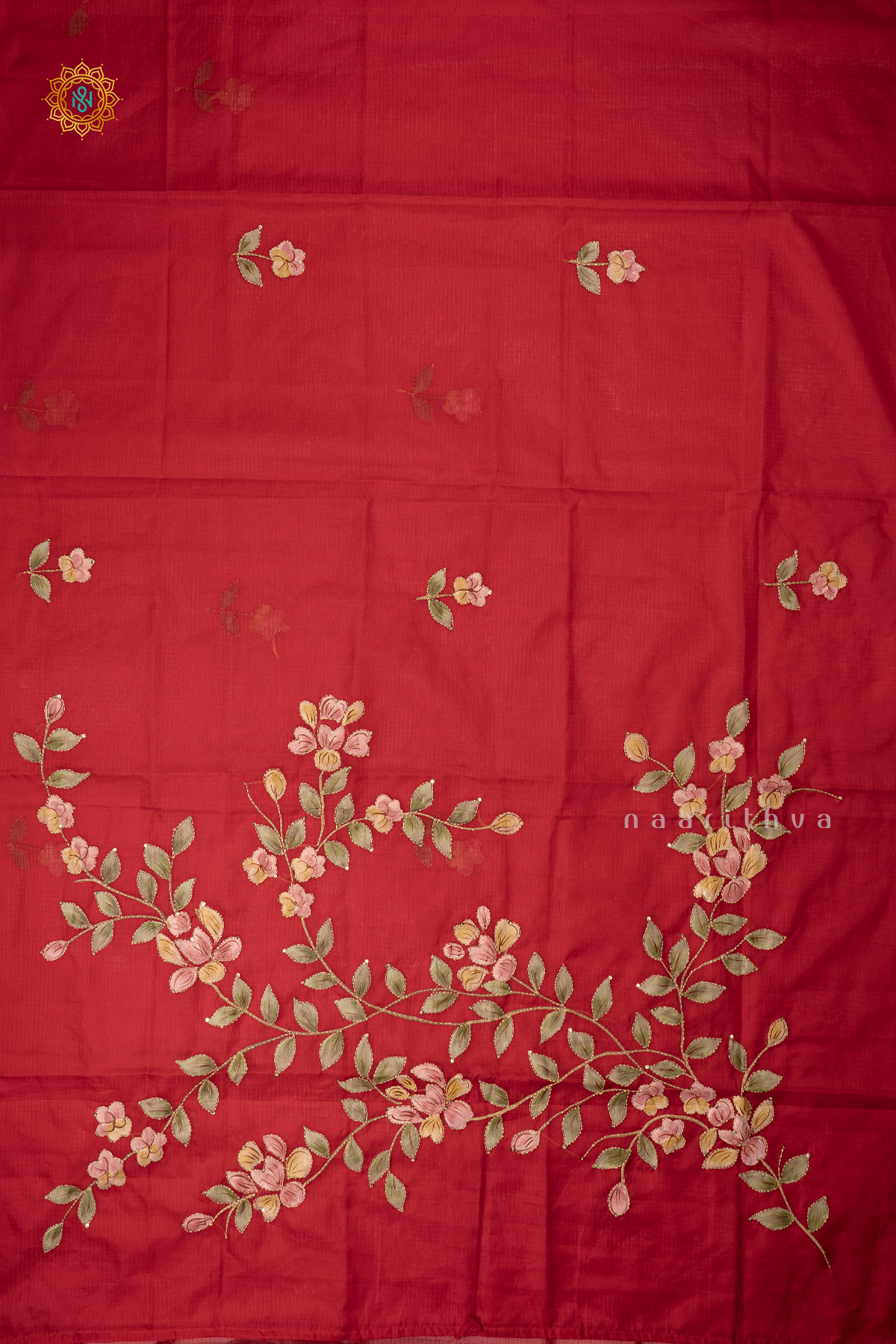 Red Kota Organza With Hand-Painted And Katha Work On The Body