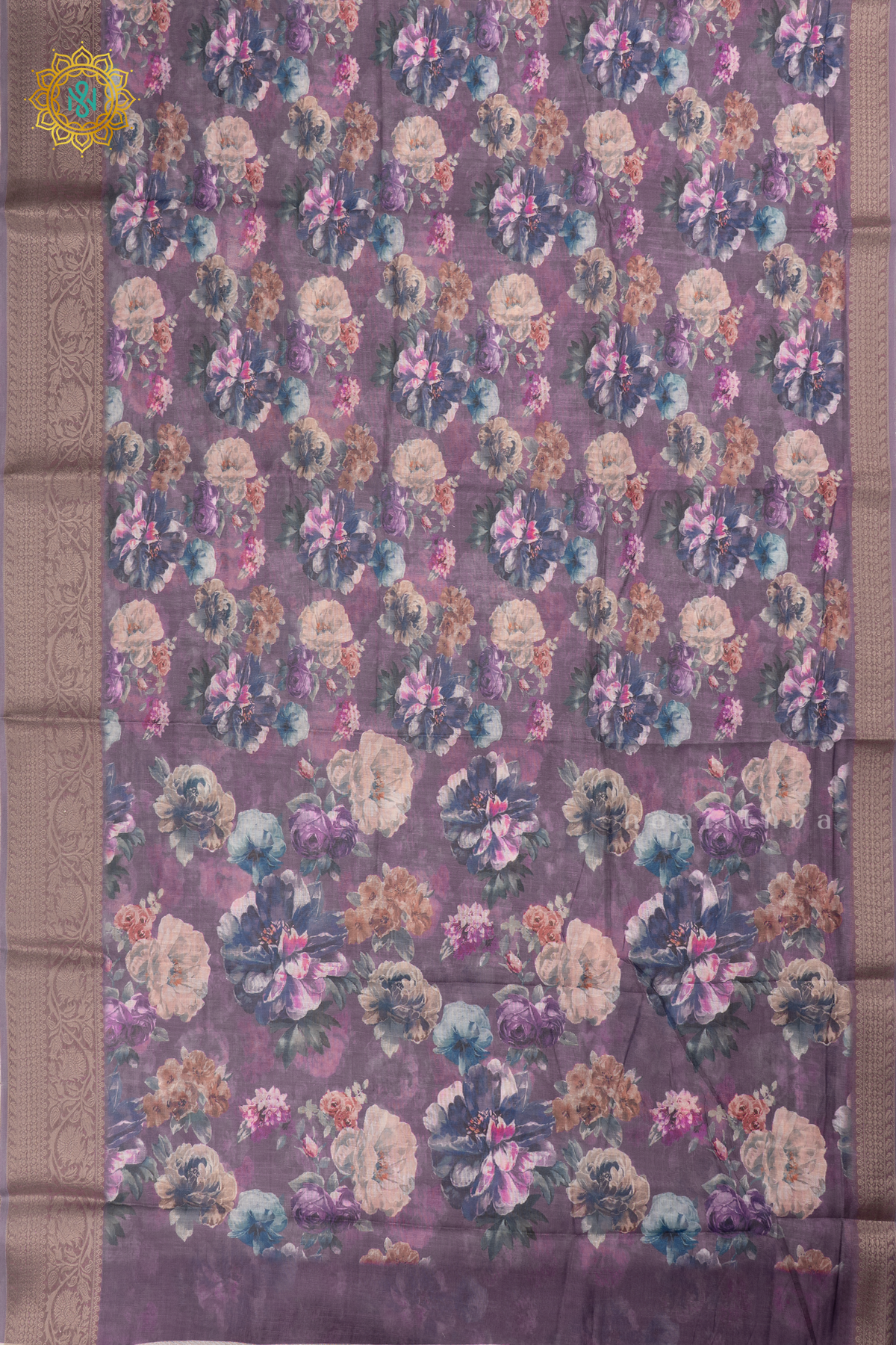 Lavender Linen by Cotton Saree with Floral Printed Body and Zari Border