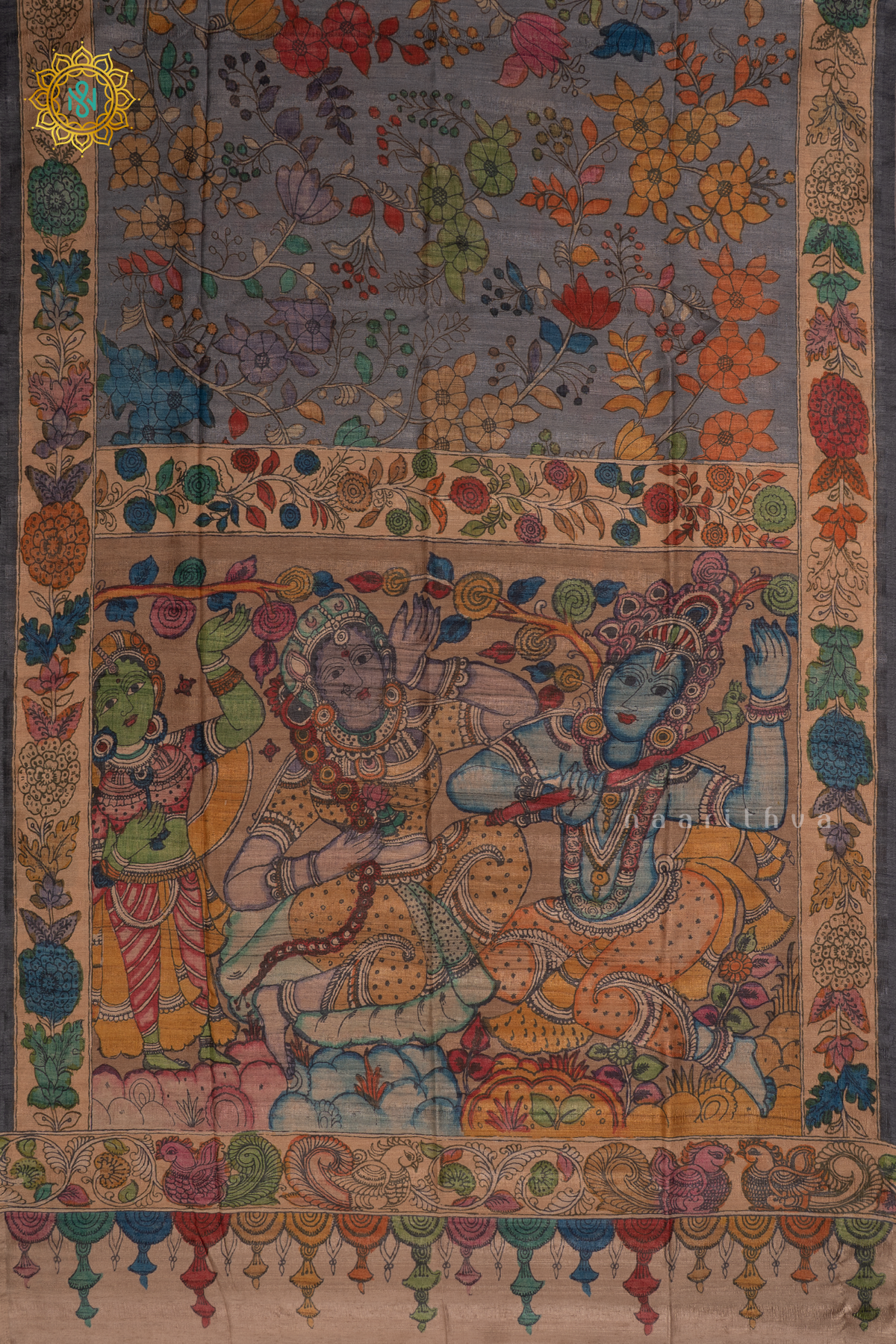 Light Grey With Beige Semi Gicha Tussar Saree With Kalamkari Printed Body, Pallu And Blouse