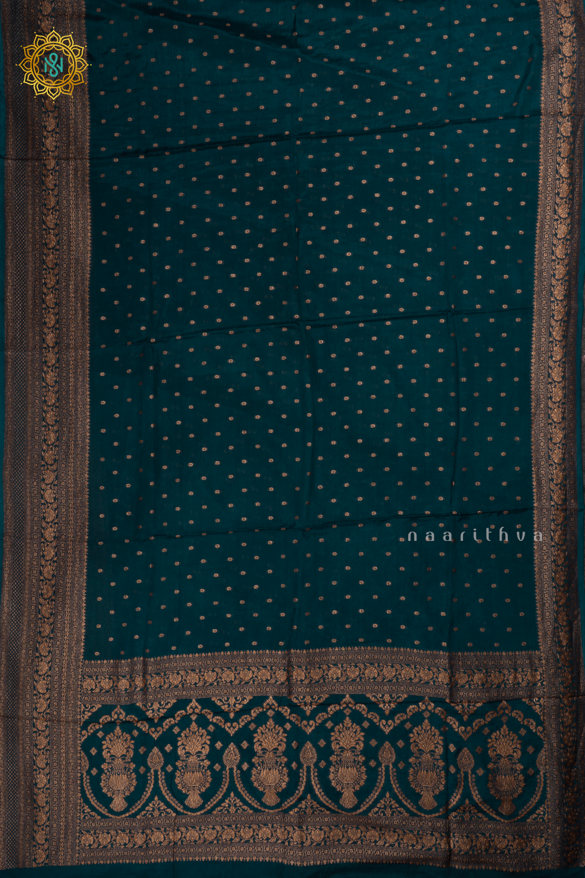 Peacock Blue Semi Banarasi Crepe Silk Saree with All-Over Zari Buttas and a Zari Border