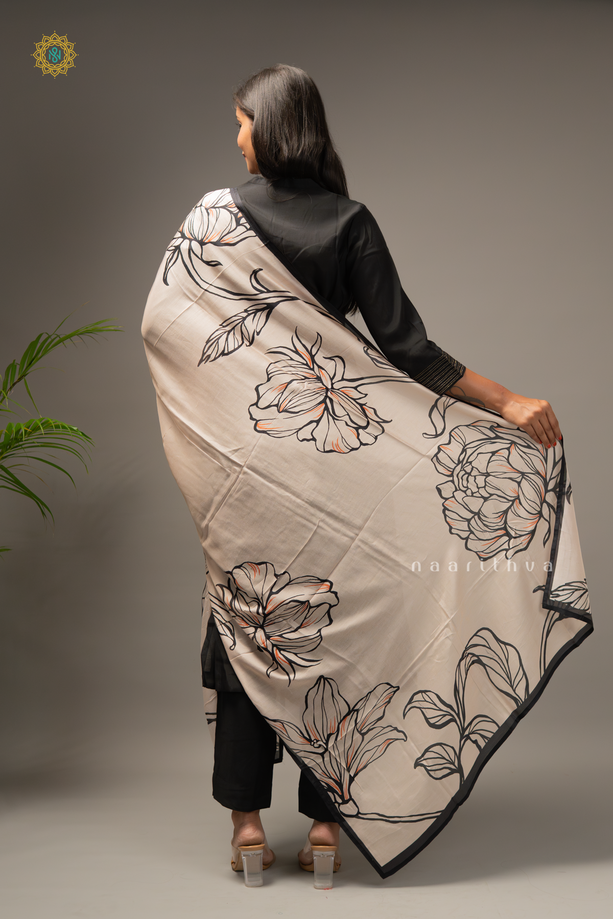 BLACK WITH OFF WHITE - SILK 3PC SALWAR SUIT WITH TOP, BOTTOM & DUPATTA