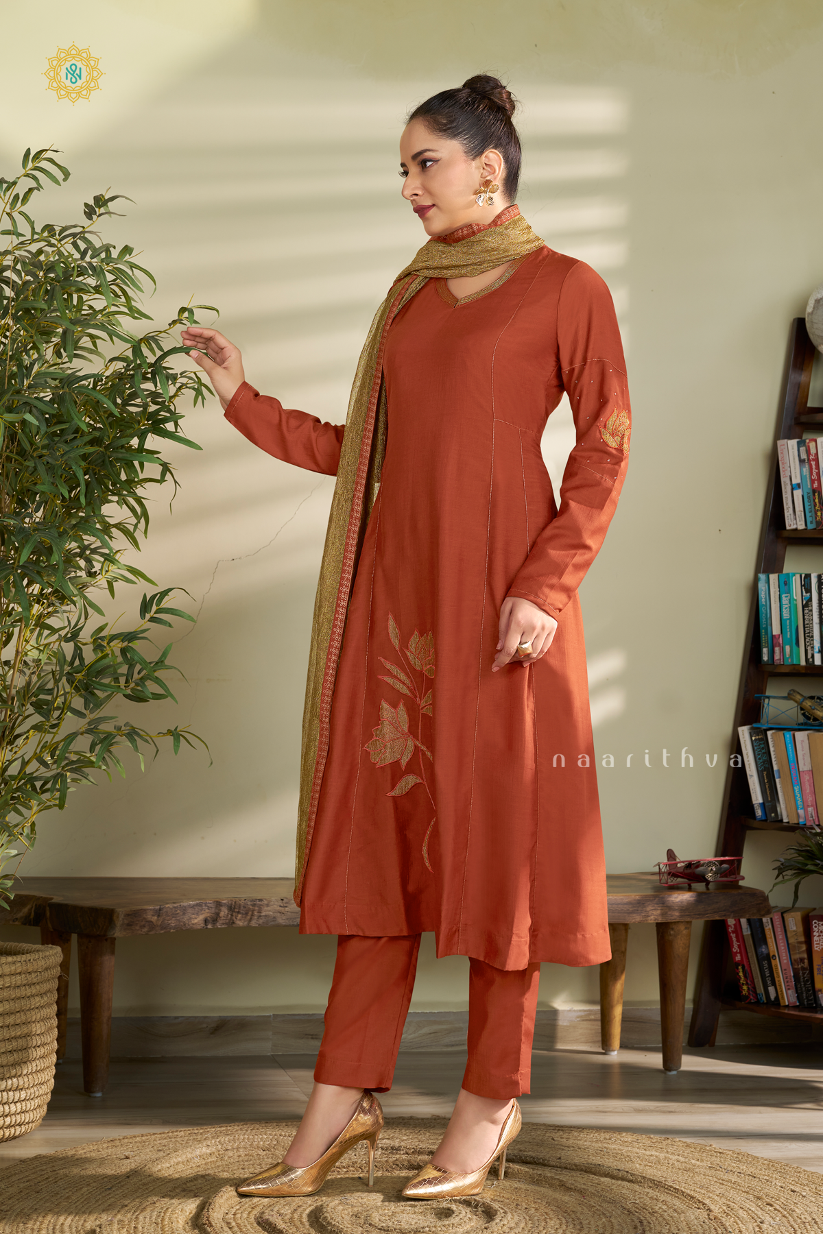 RUST ORANGE WITH GOLD - SILK 3PC SALWAR SUIT WITH TOP, BOTTOM & DUPATTA