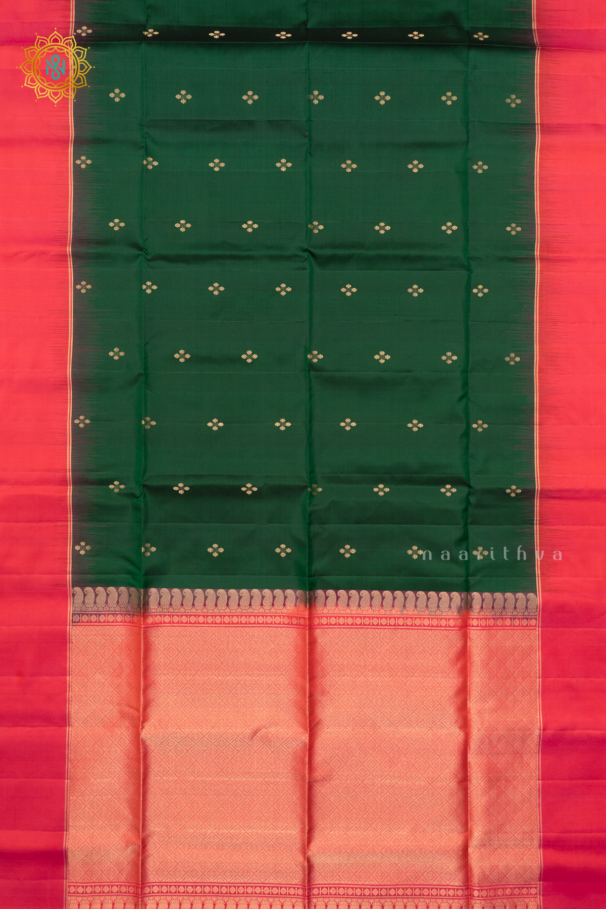 BOTTLE GREEN WITH PINKISH ORANGE - PURE KANJIVARAM SOFT SILK