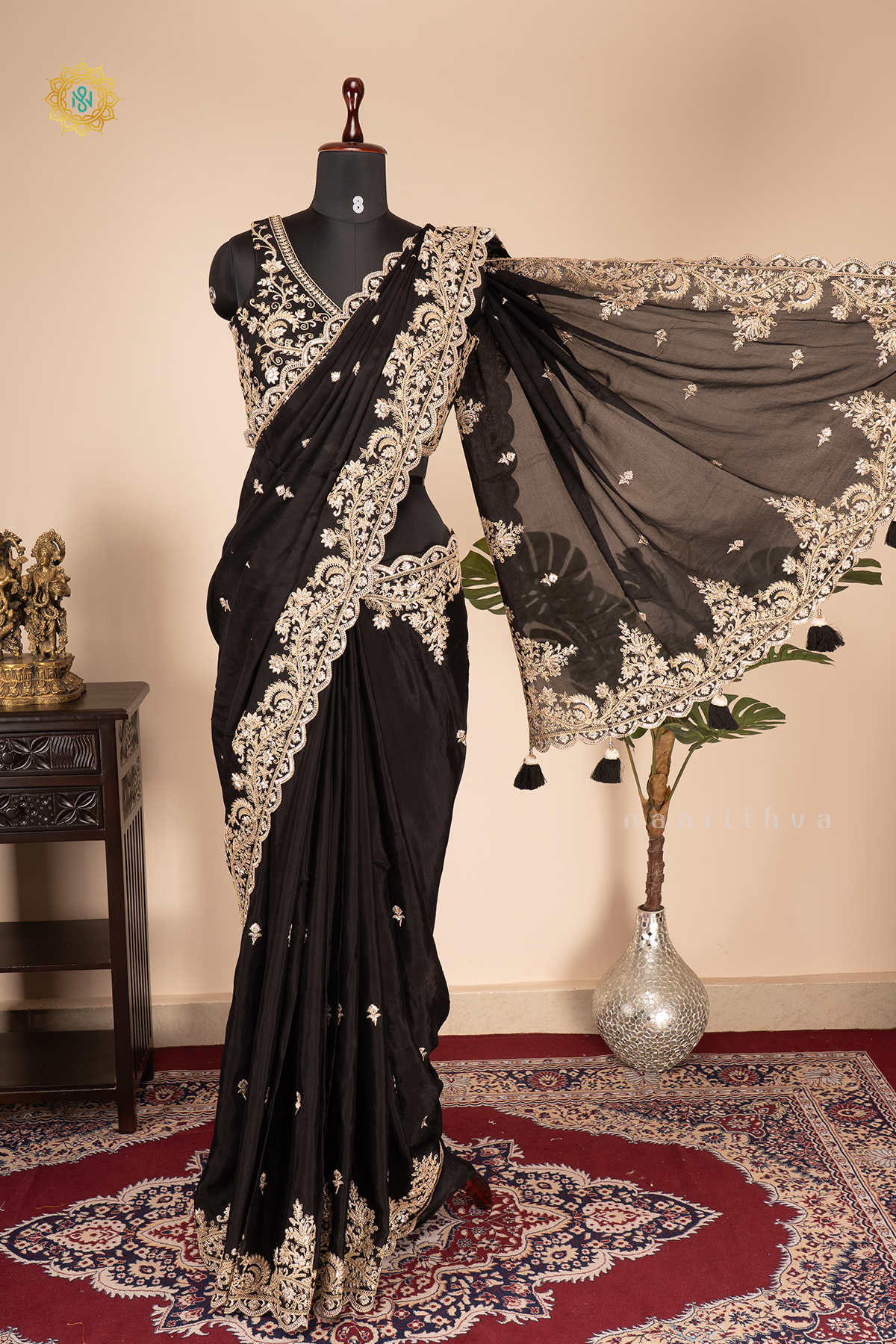 Black Chinnon Designer Wear Saree with Readymade Blouse