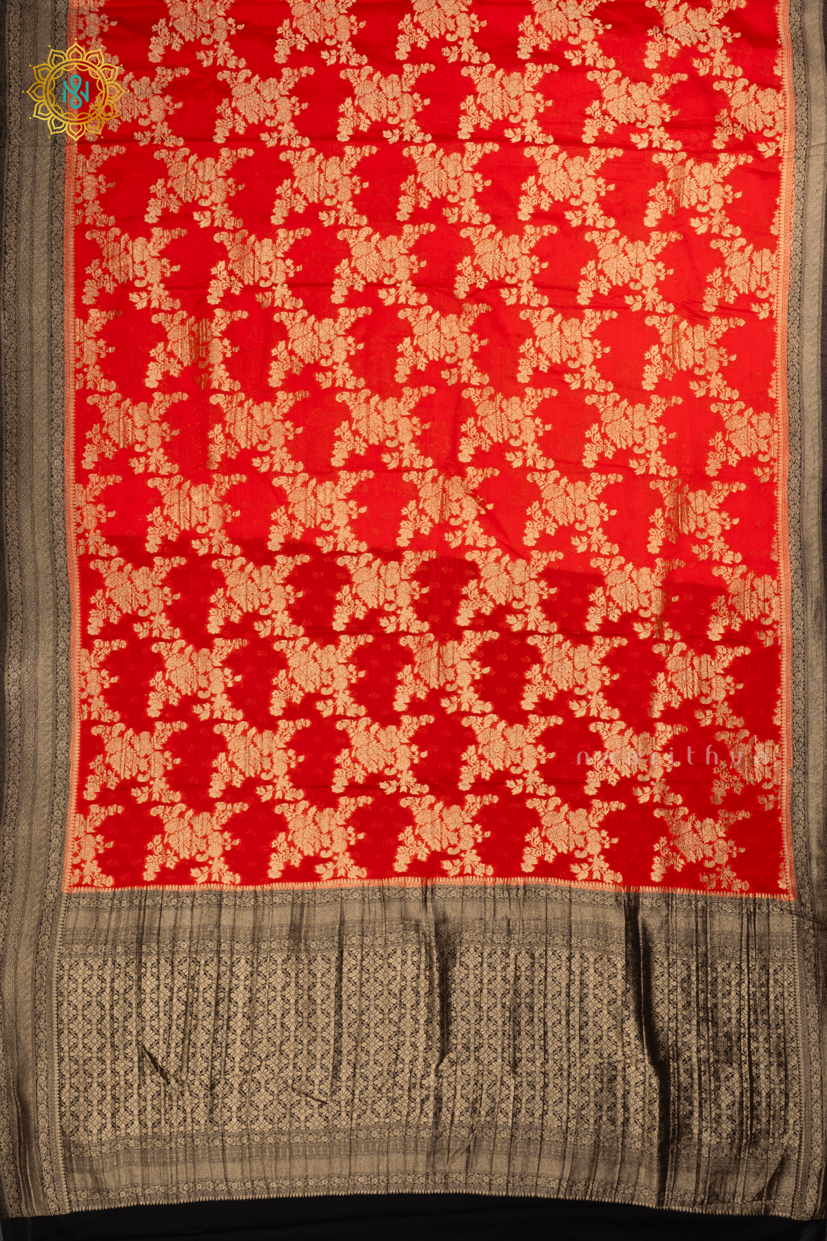 RED WITH BLACK - SEMI CREPE GEORGETTE WITH ALLOVER ZARI WOVEN FLORAL BROCADE WEAVES AND ZARI WOVEN CONTRAST BORDER