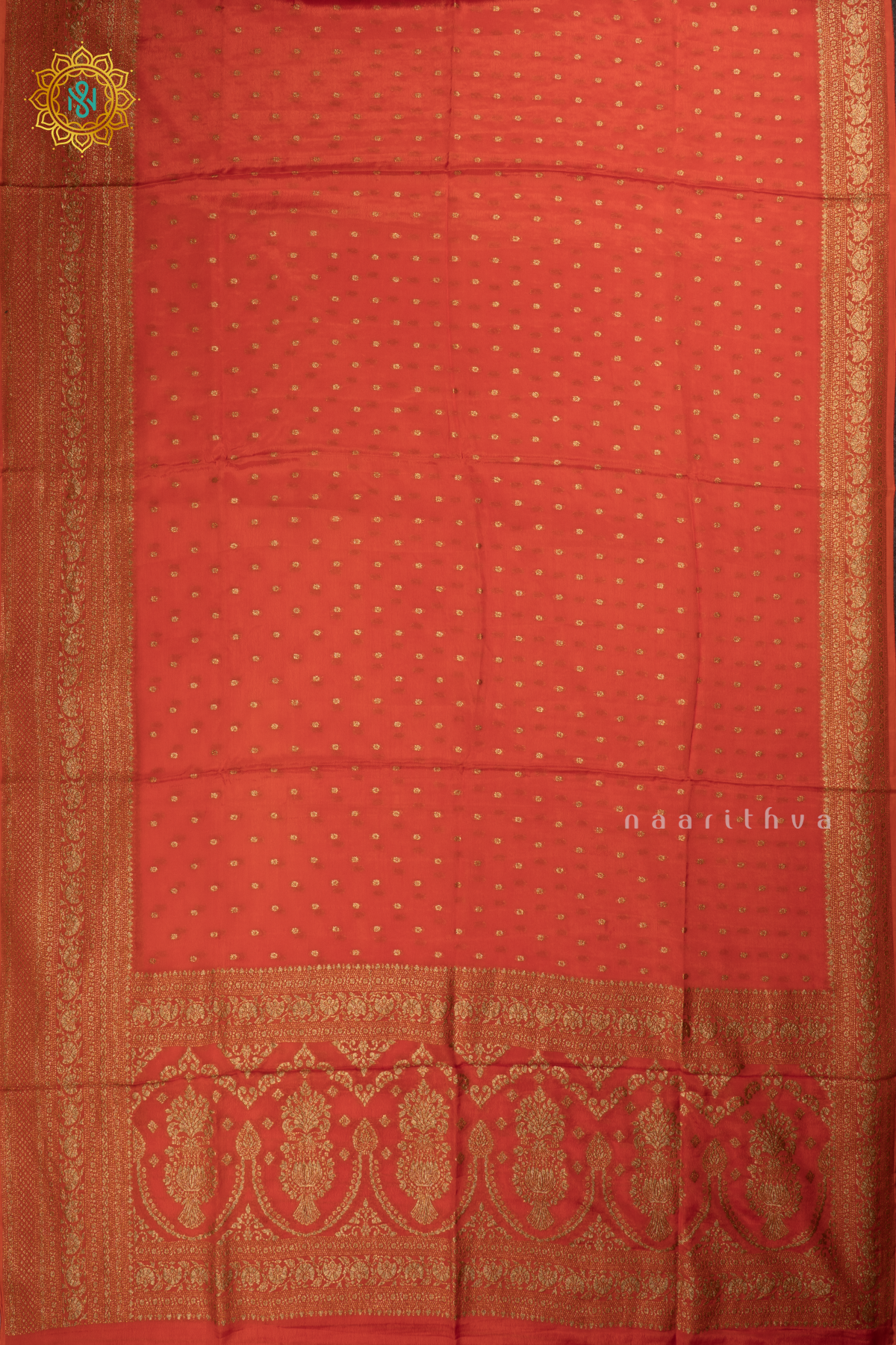 Orange Semi Banarasi Crepe Silk Saree with All-Over Zari Buttas and a Zari Border