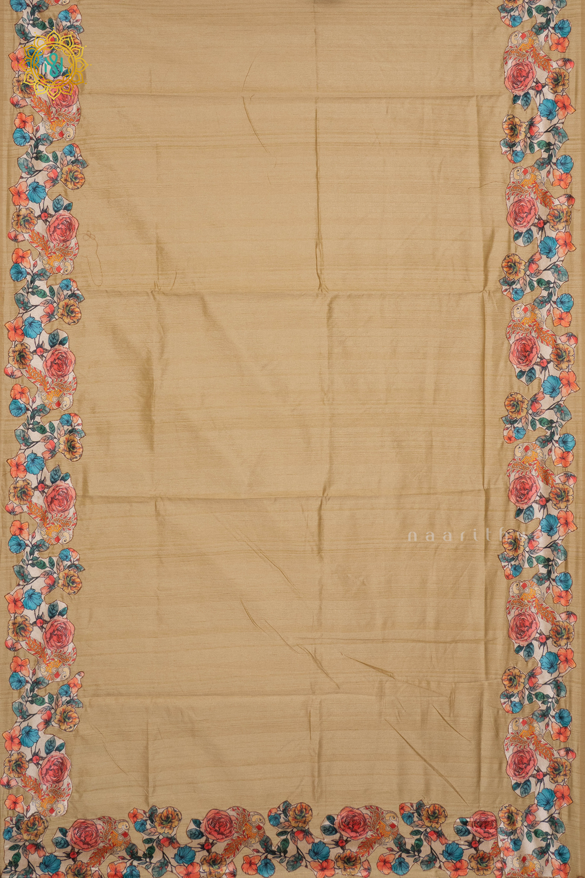 BEIGE WITH OFF WHITE - SEMI TUSSAR WITH APPLIQUE WORK
