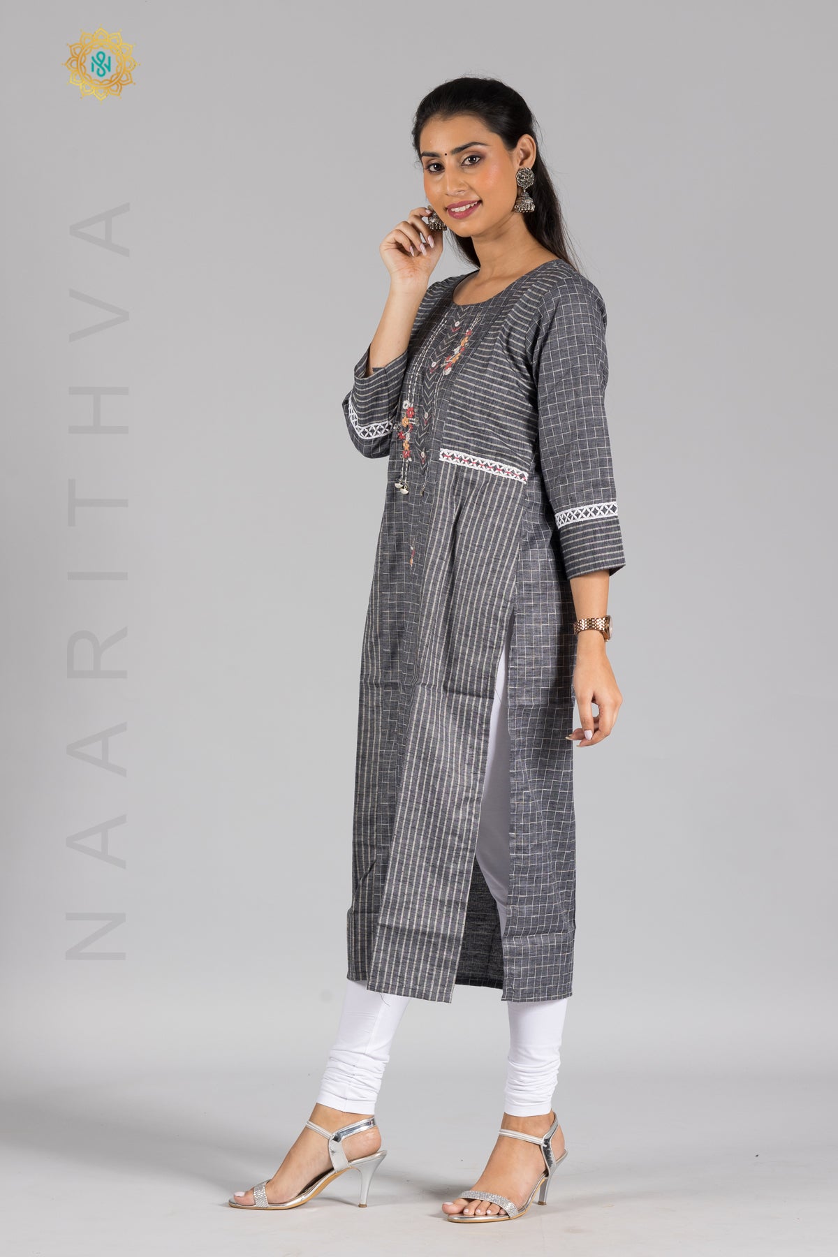DARK GREY - COTTON CASUAL KURTI WITH SIMPLE EMBROIDERY WORK