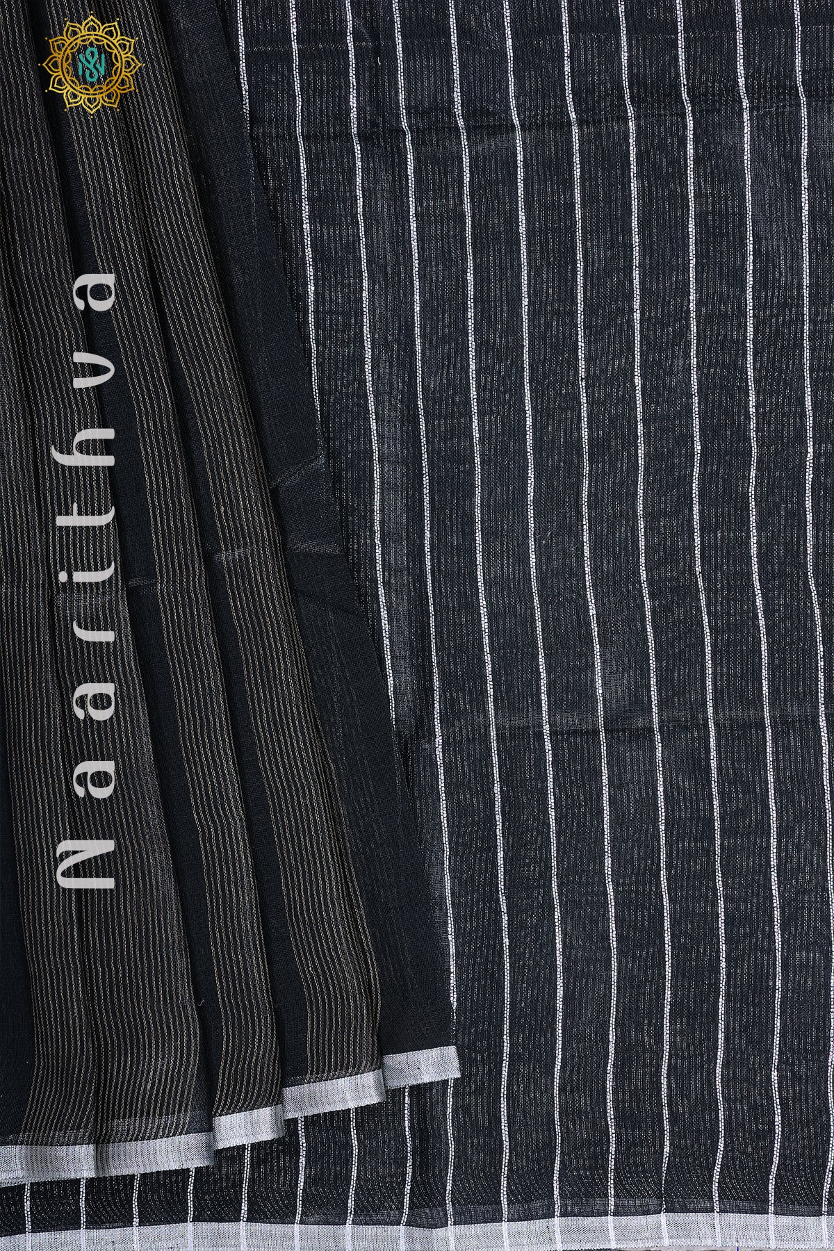Black With Grey Pure Linen Saree With Vertical Stripes On The Body And Silver Woven Zari Border