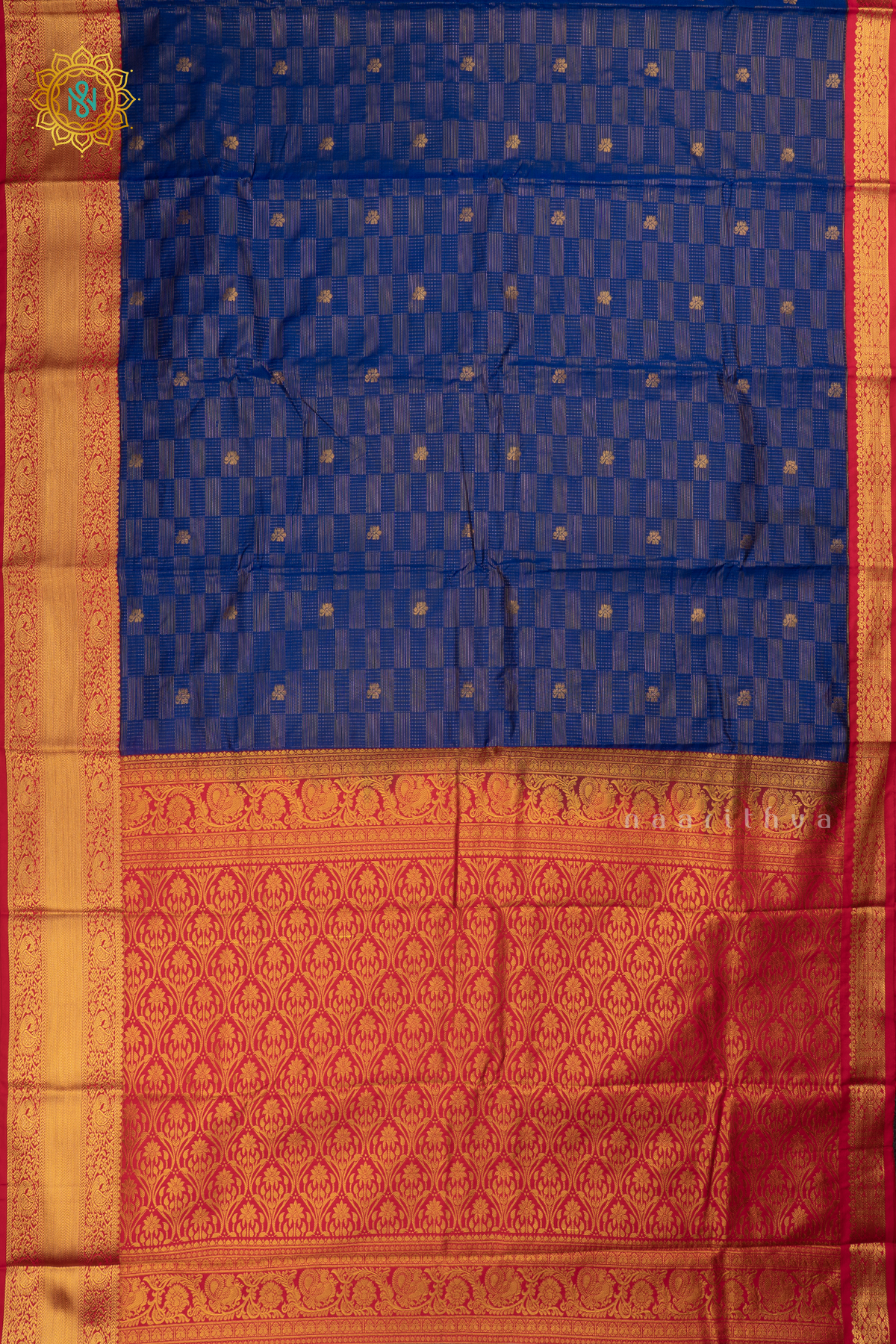 Royal Blue with Rani Pink Semi Kanchi Saree With Zari Buttas All Over And Contrast Zari Border