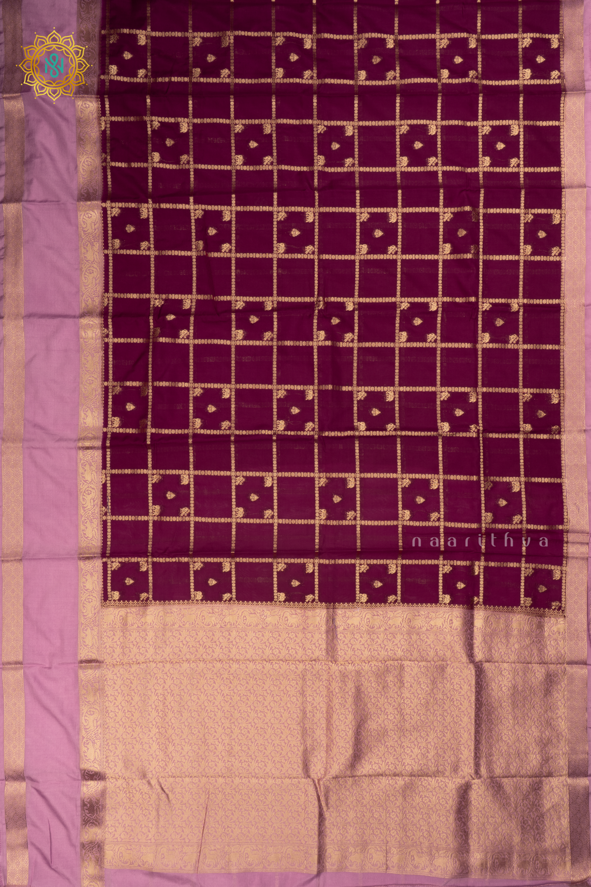 Wine With Pinkish Lavender Semi Crepe Silk Saree All Over Zari Checks And Buttas With Contrast Zari Gap Border