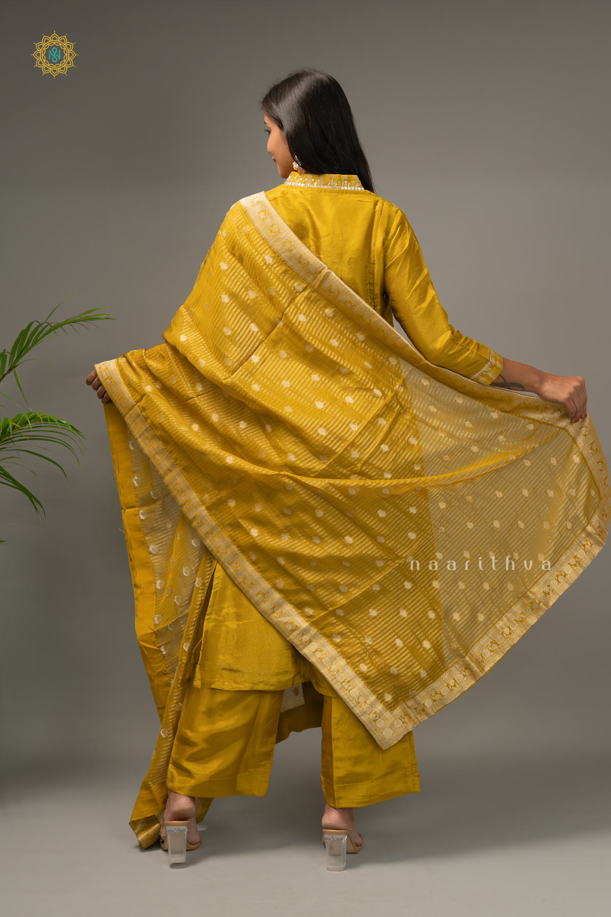 YELLOW - TISSUE SALWAR SUIT WITH SEQUINS WORK TOP, BOTTOM & DUPPATA
