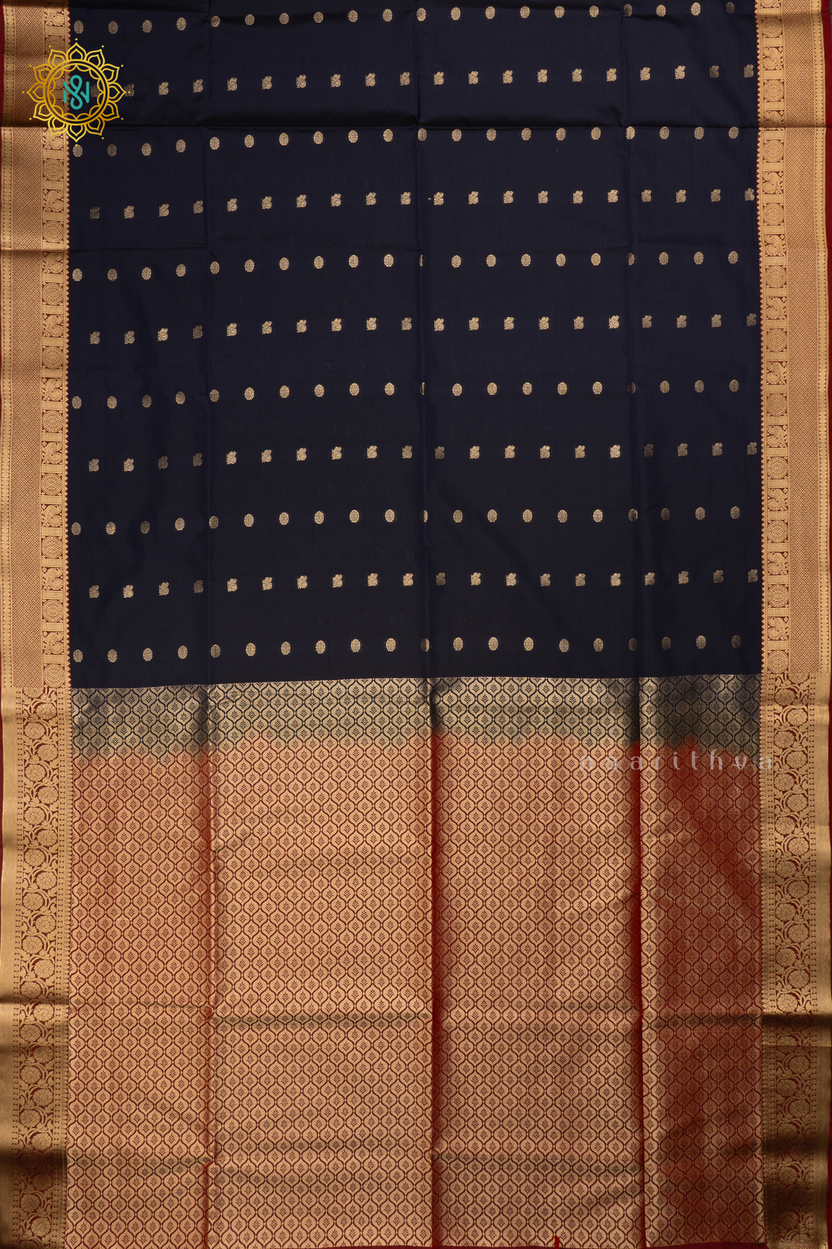 Navy Blue With Maroon Semi Soft Silk Saree Allover Zari Buttas And Contrast Zari Border