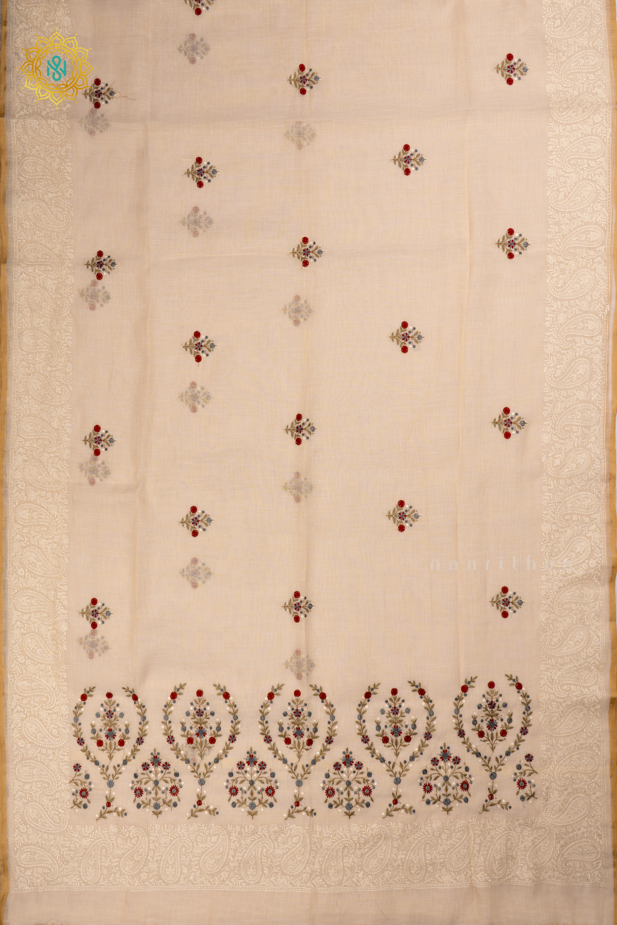 Off White with Magenta Linen Tissue Saree with Allover Thread Work, Border and pallu