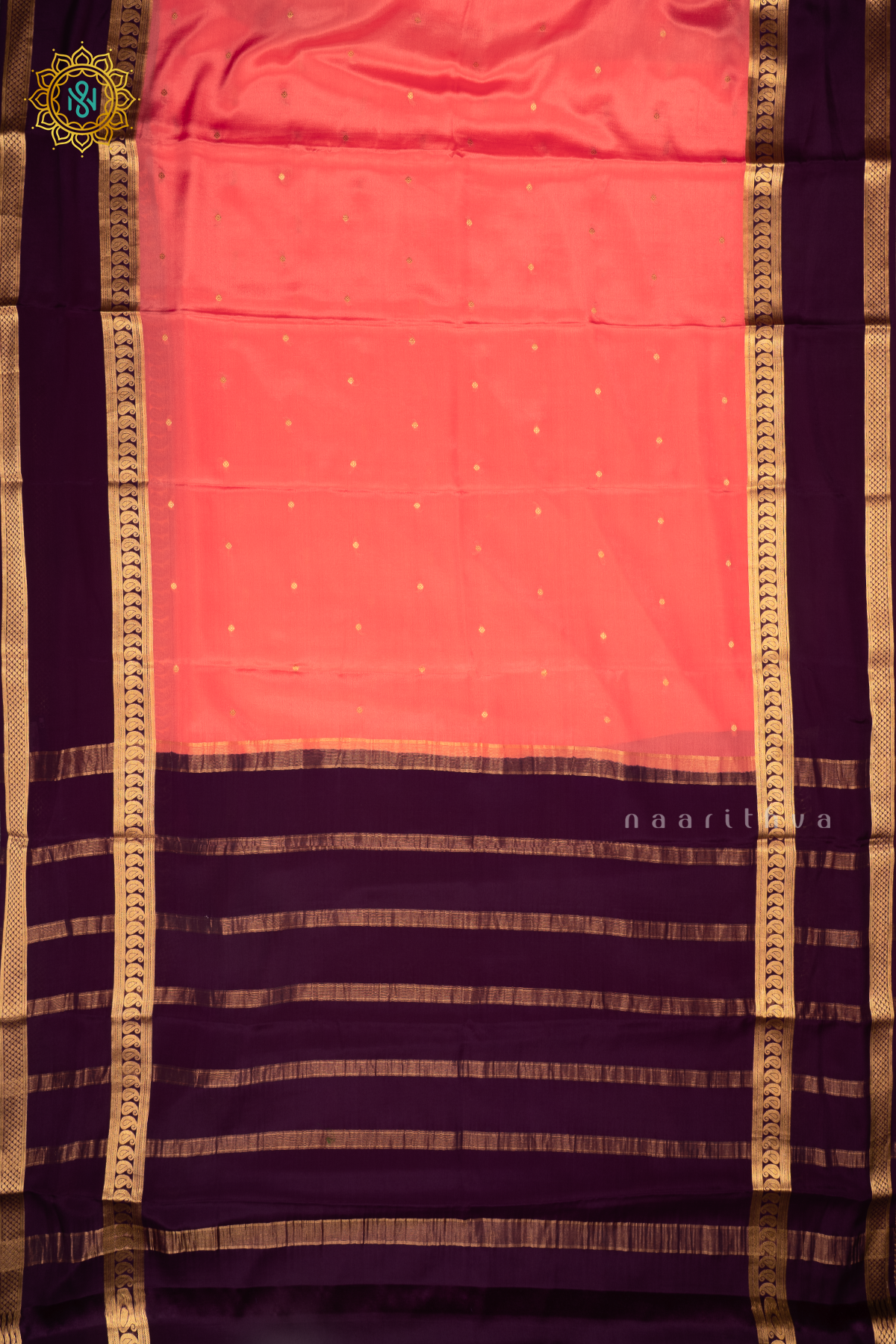 PEACHISH PINK WITH PURPLE - PURE MYSORE CREPE SILK