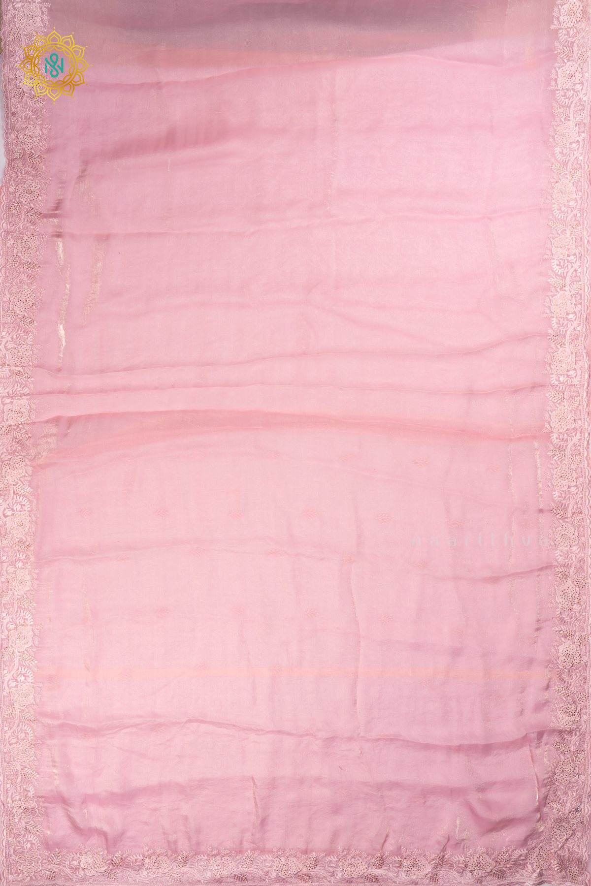Light Pink - Tissue Organza Saree with Allover Plain Body with Thread Work and Stone work border