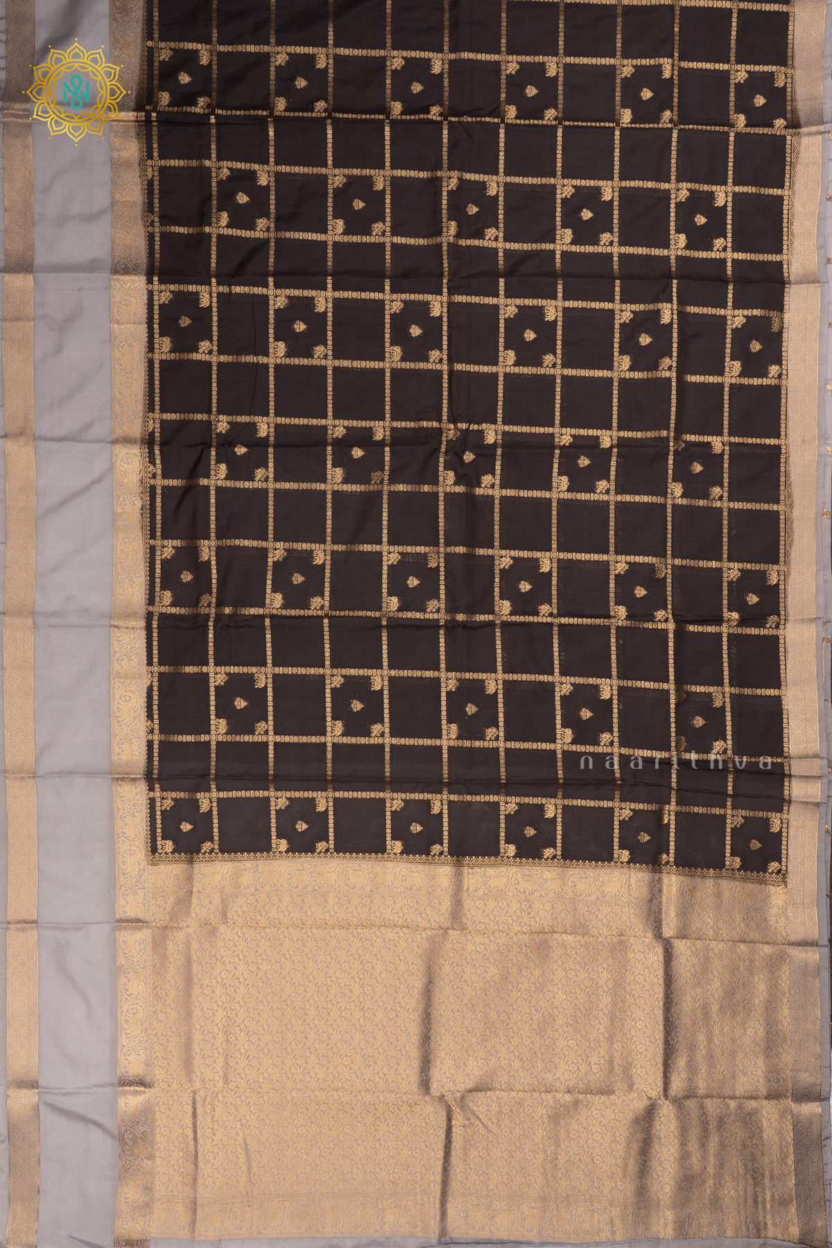 Black With Grey Semi Crepe Silk Saree All Over Zari Checks And Buttas With Contrast Zari Gap Border