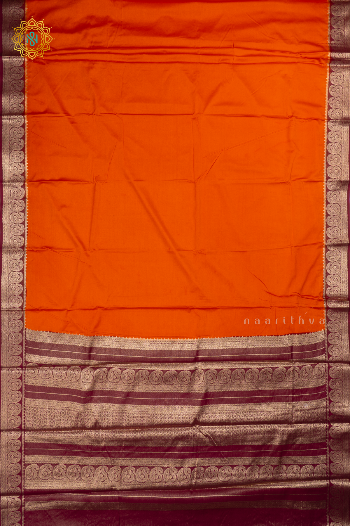 Orange With Wine Semi Mysore Crepe Saree With Plain Body And Contrast Mango Zari Border