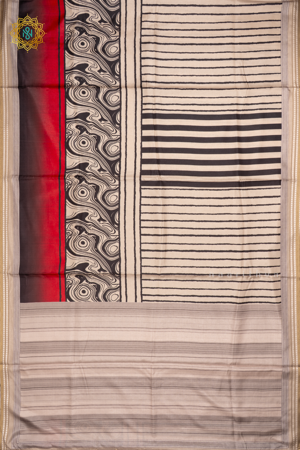 BEIGE WITH RED - SEMI CREPE SILK SAREE DIGITAL PRINTS AND ZARI WOVEN BORDER
