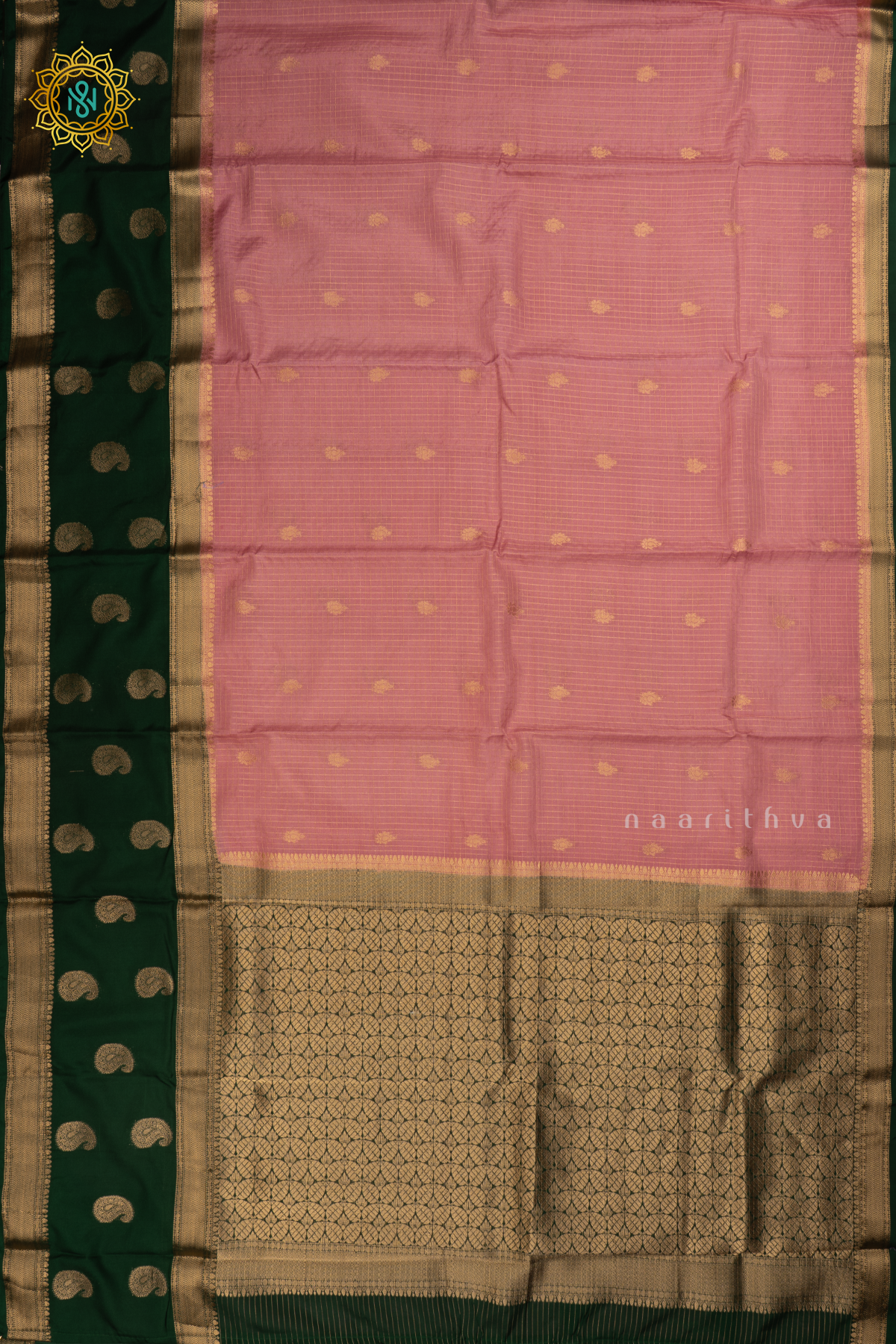 Pinkish lavender with Bottle Green Semi Mysore Crepe Silk Saree with All-Over Zari Checks and Buttas and a Contrast Zari Gap Border