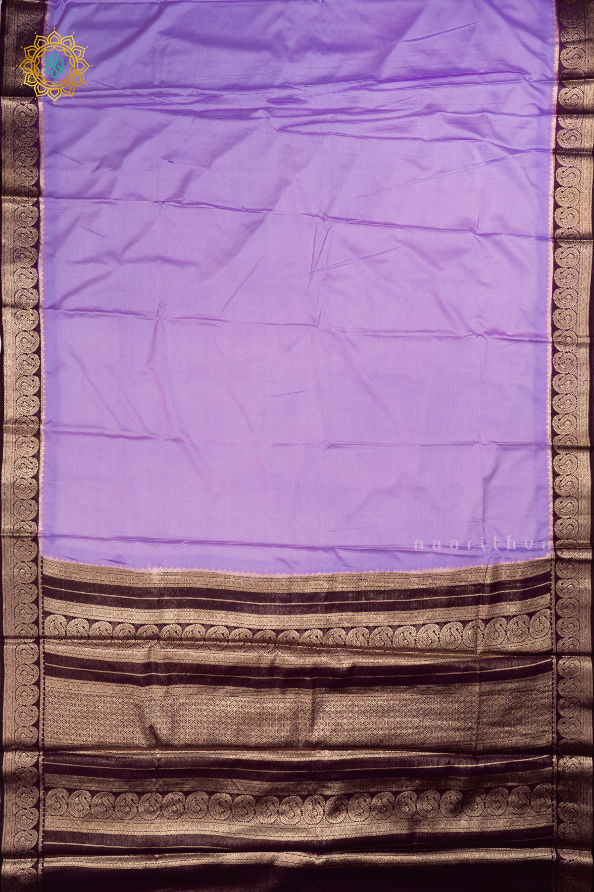 Lavender With Deep Purple Semi Mysore Crepe Saree With Plain Body And Contrast Mango Zari Border