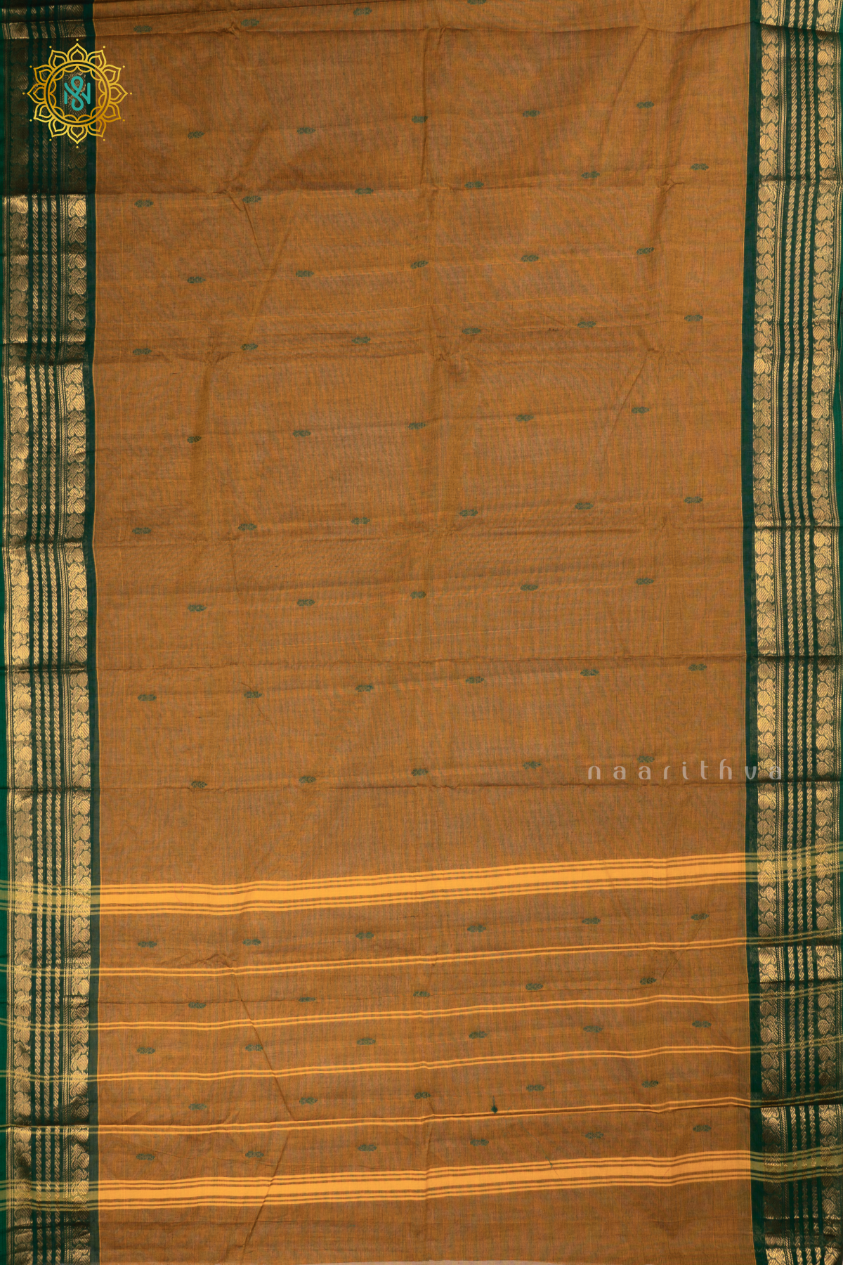 Mustard With Green - Chettinad Cotton Saree Allover Thread Woven Buttas With Contrast Zari Border