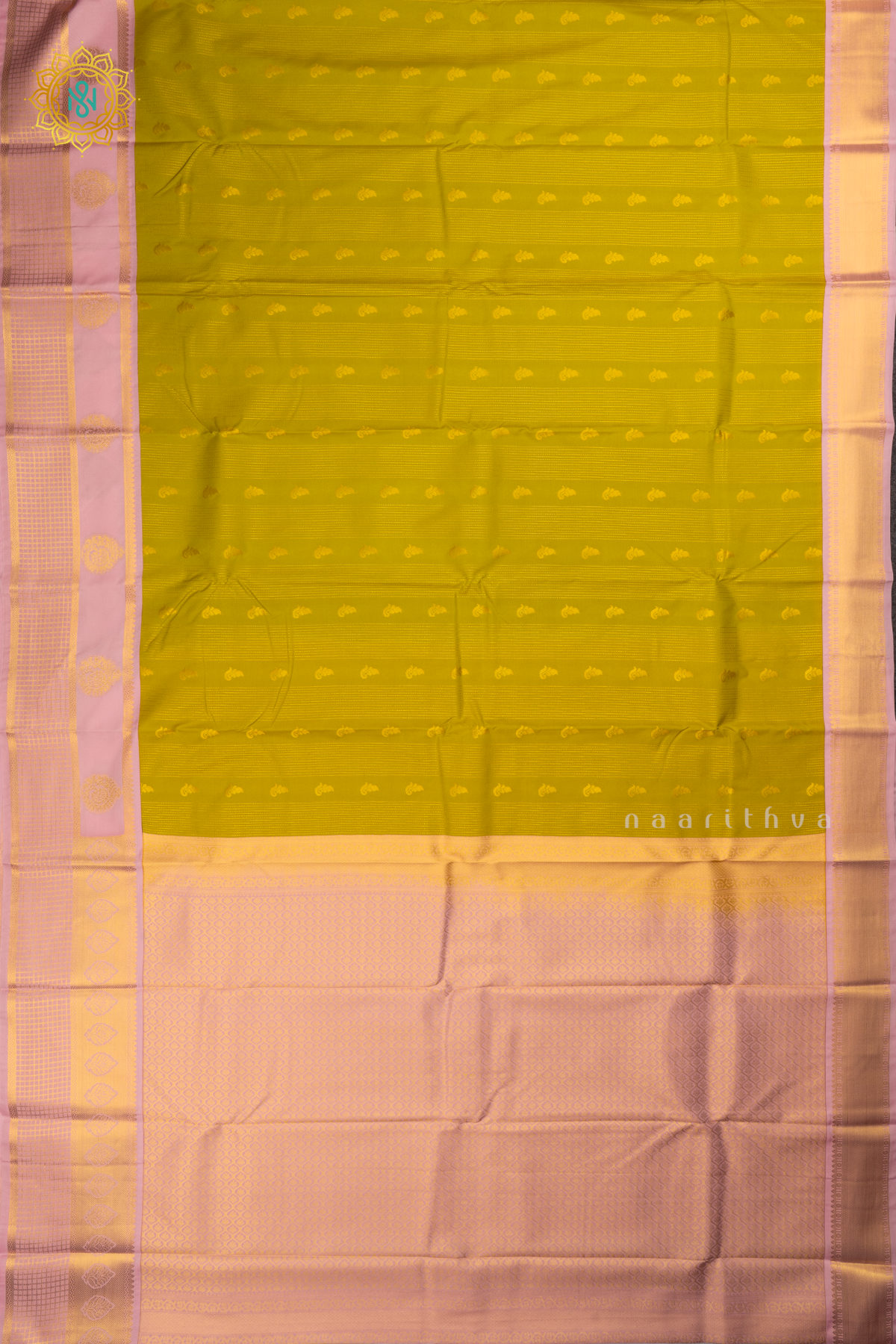 Parrot Green With Light Pink Semi Kanchi Saree With Zari Buttas All Over And Contrast Zari Border