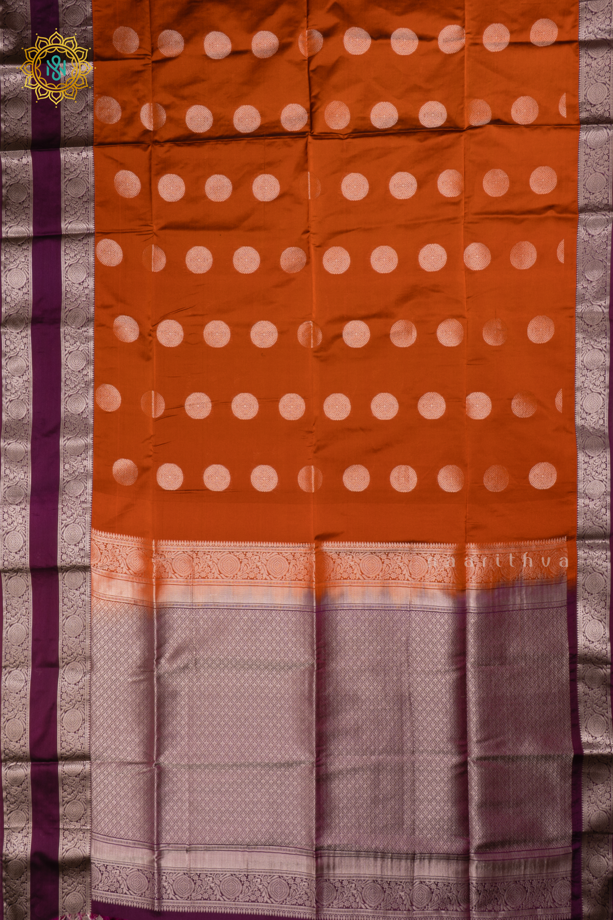 RUST ORANGE WITH PURPLE - SEMI SOFT SILK SAREE ALLOVER ZARI BUTTAS AND CONTRAST GAP BORDER