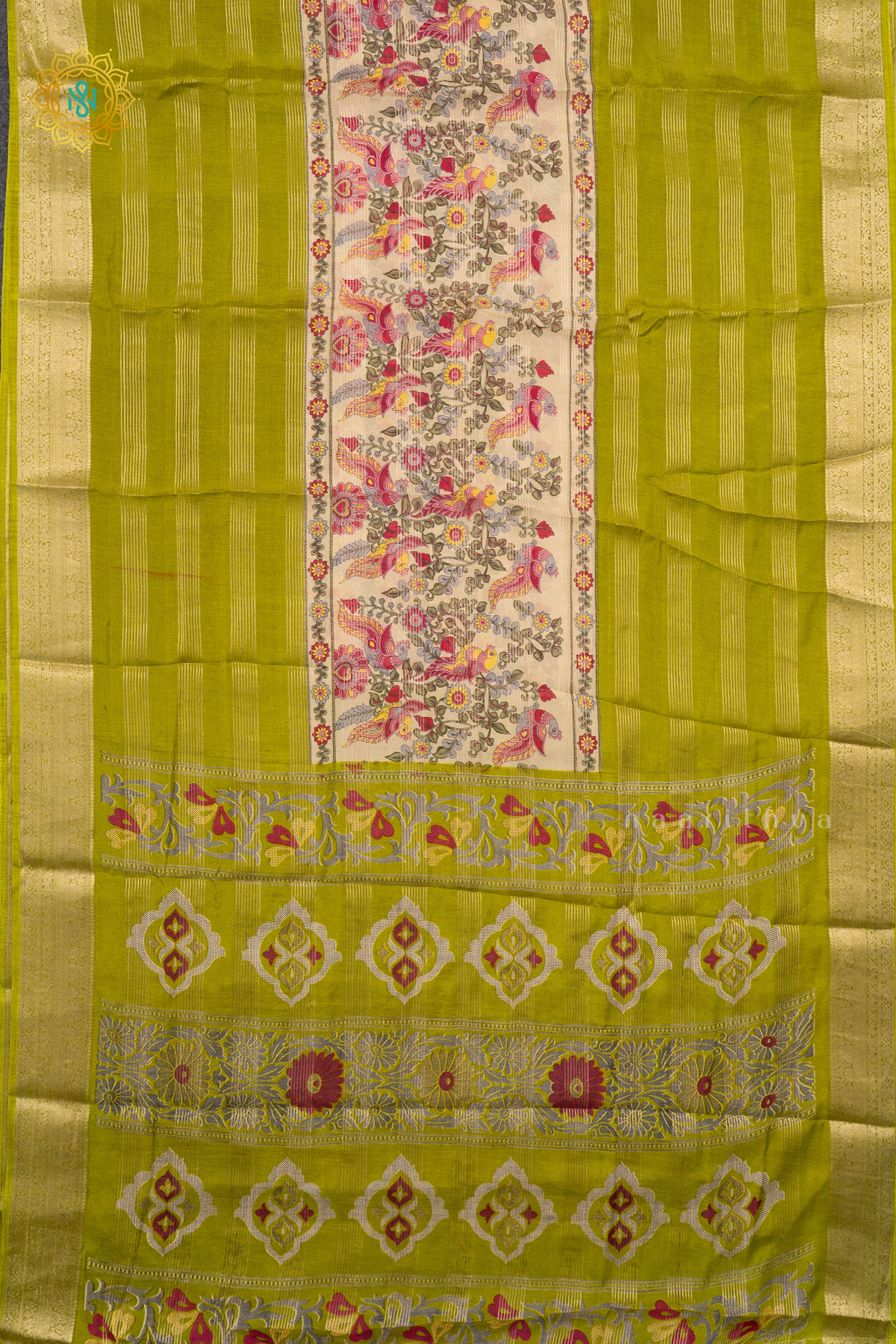OFF WHITE WITH PARROT GREEN - SEMI GEORGETTE