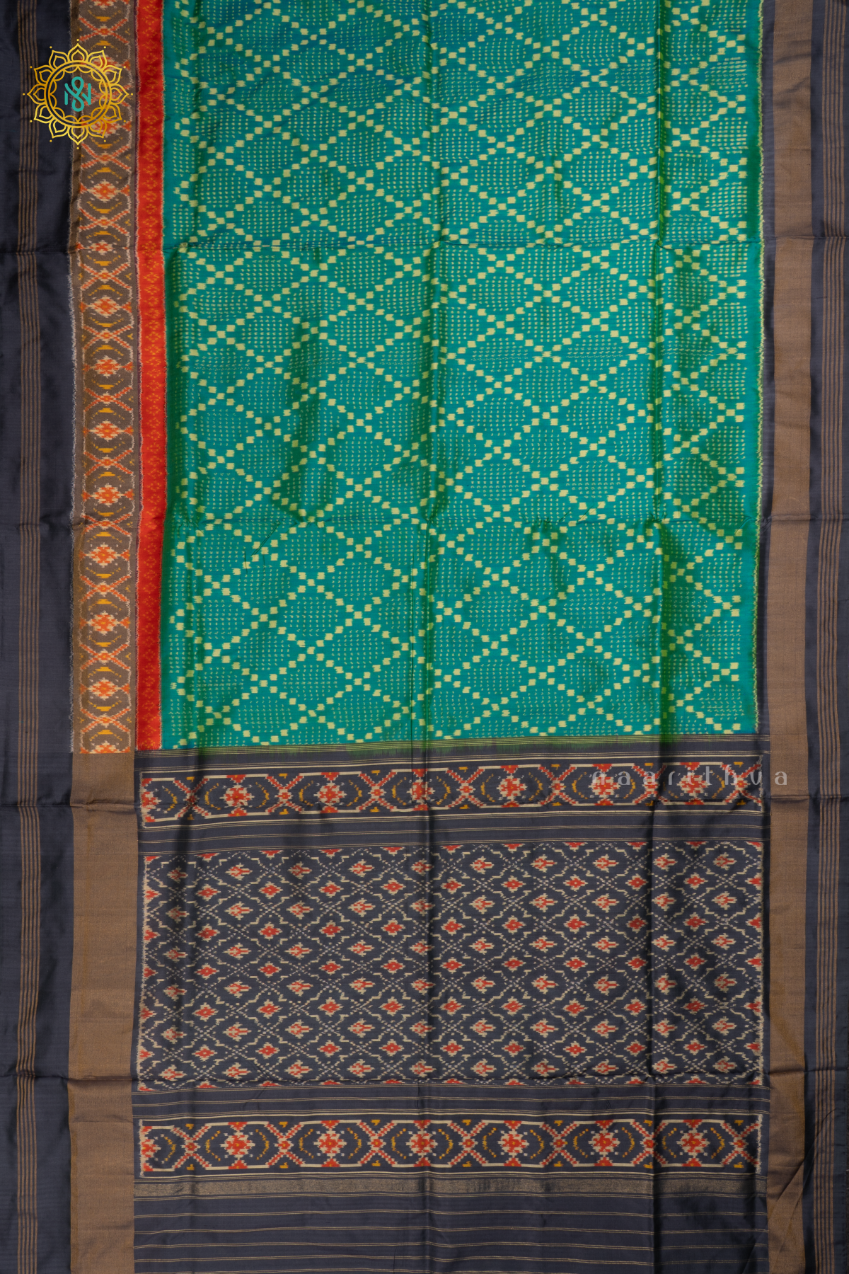 Dual Shade of Green with Elephant Grey Ikkat Pure Silk Saree with Patola Printed Body and Zari Border