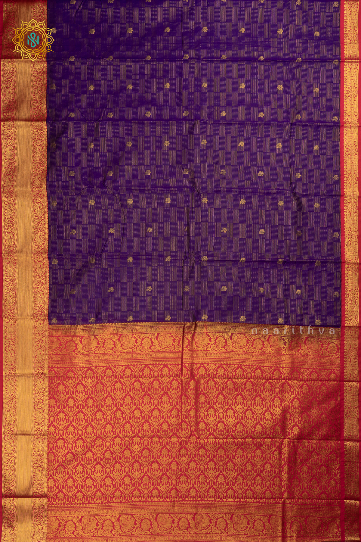 Purple with Rani Pink Semi Kanchi Saree With Zari Buttas All Over And Contrast Zari Border