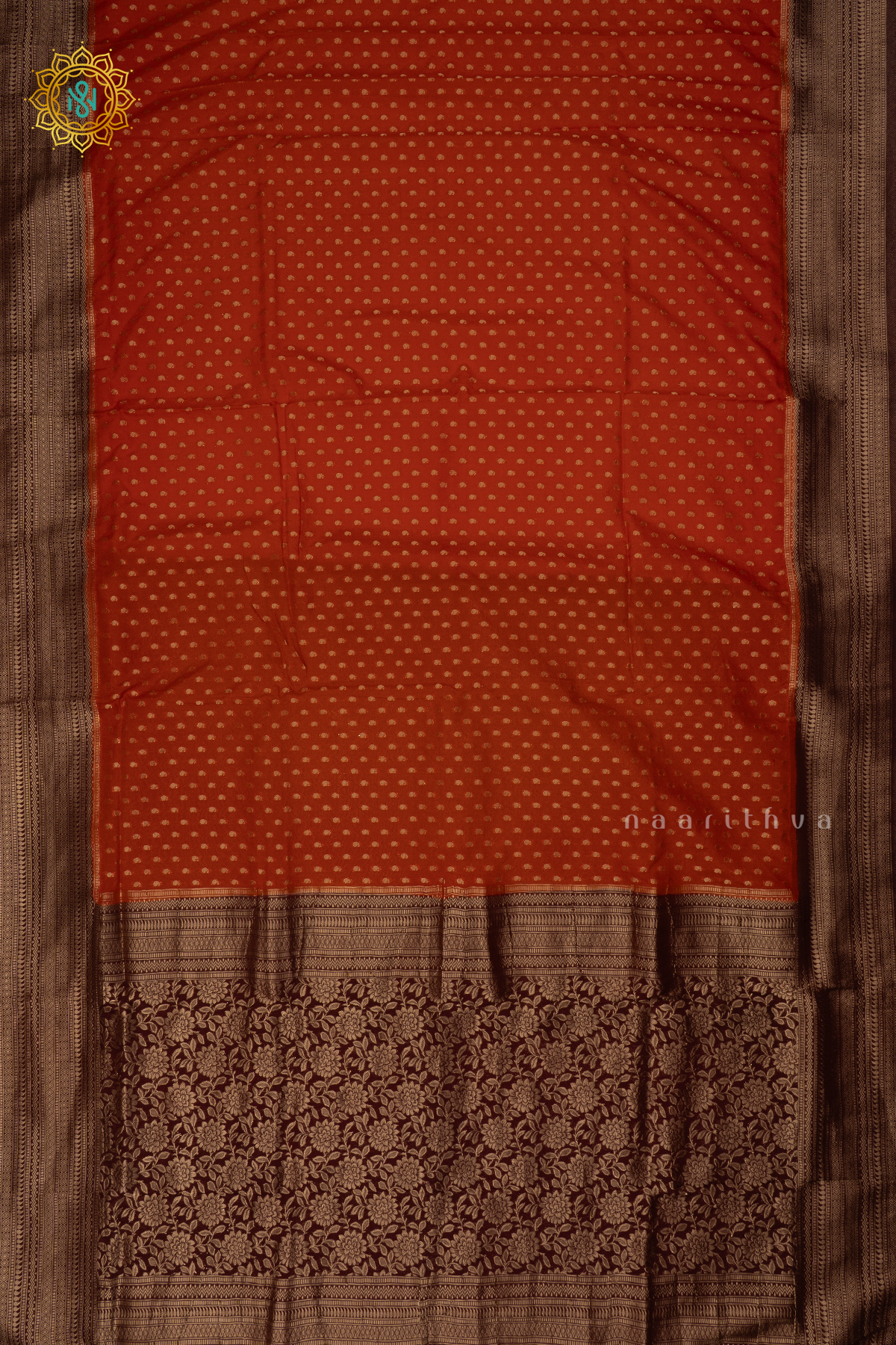 Rust Orange with Brown Semi-Crepe Georgette Saree with Zari Buttas on the Body and a Contrast Zari Border