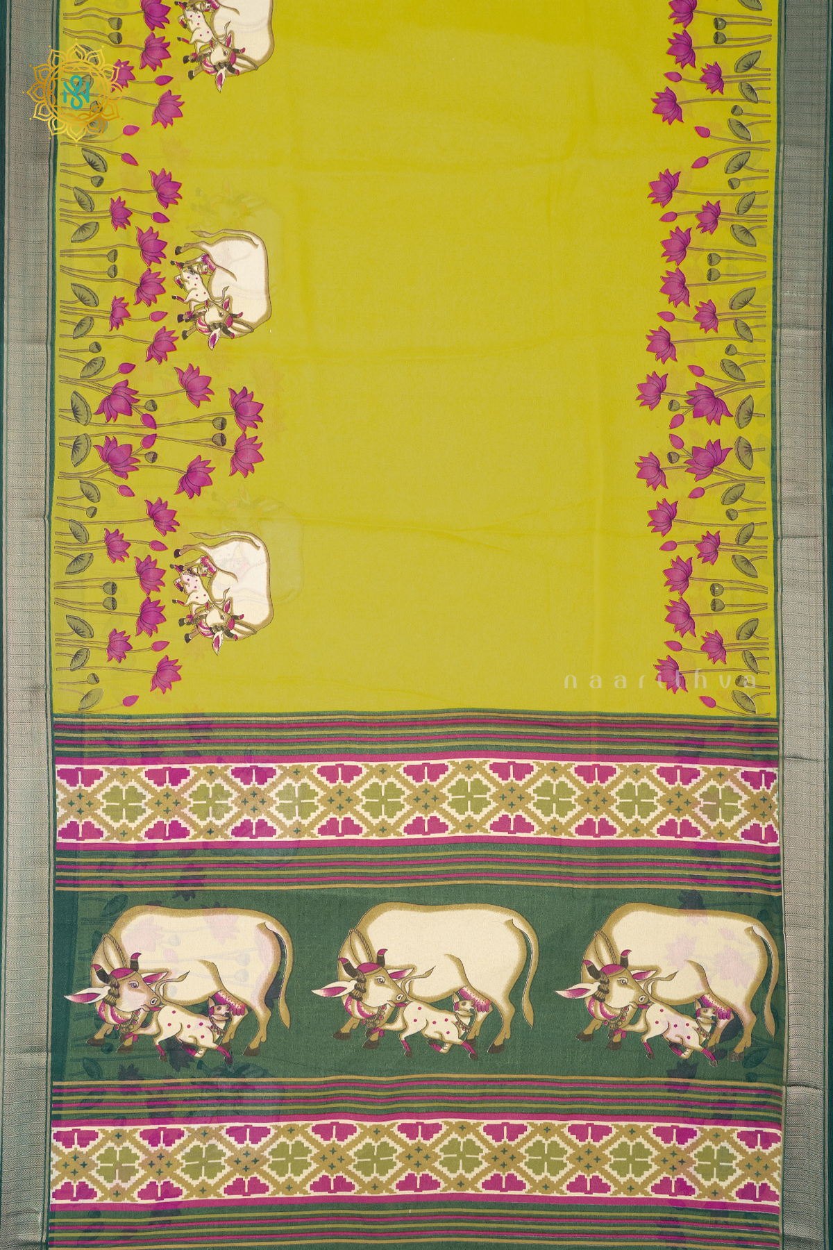 YELLOW WITH BOTTLE GREEN - SEMI GEORGETTE