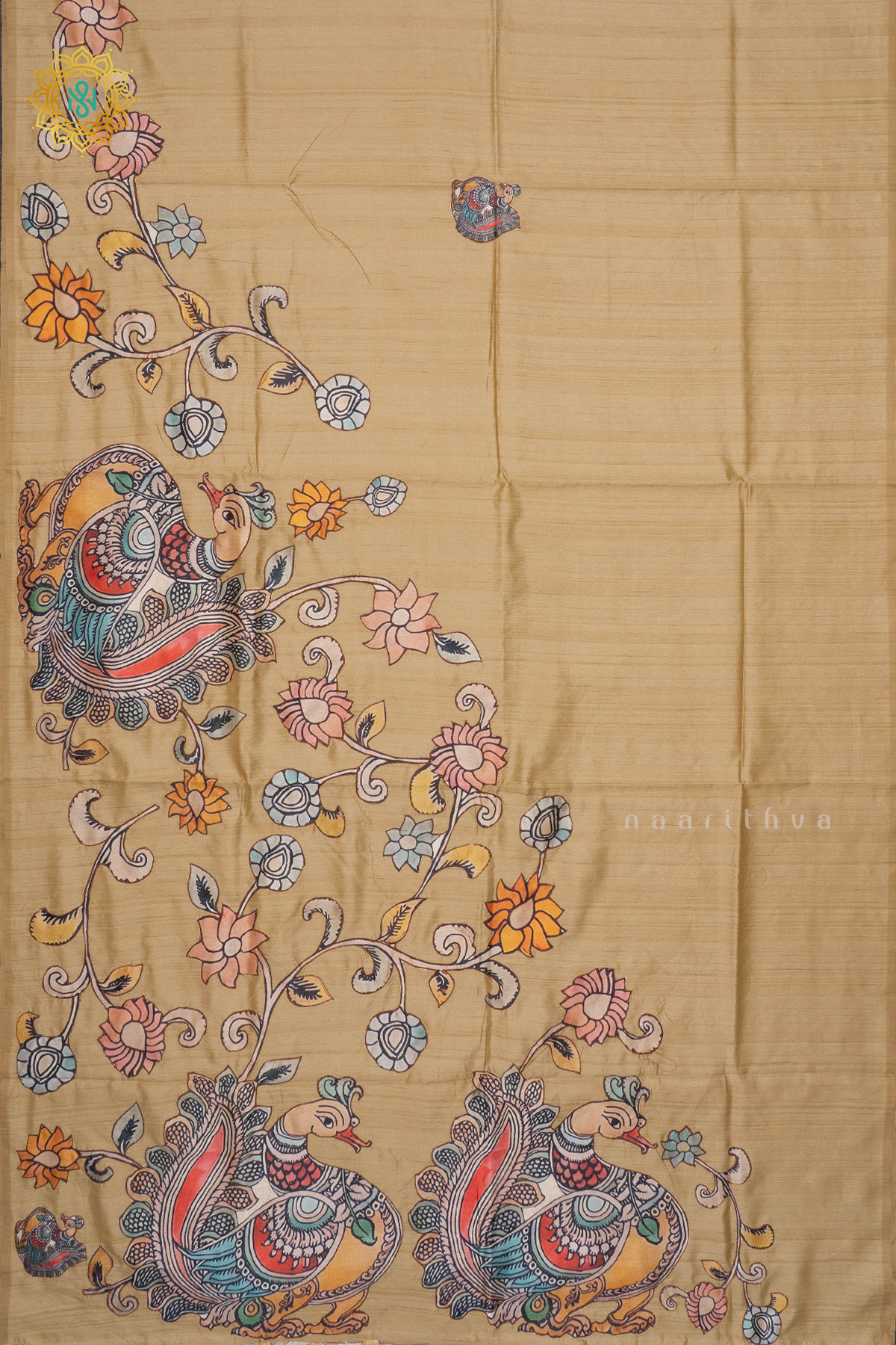 BEIGE WITH OFF WHITE - SEMI TUSSAR WITH APPLIQUE WORK