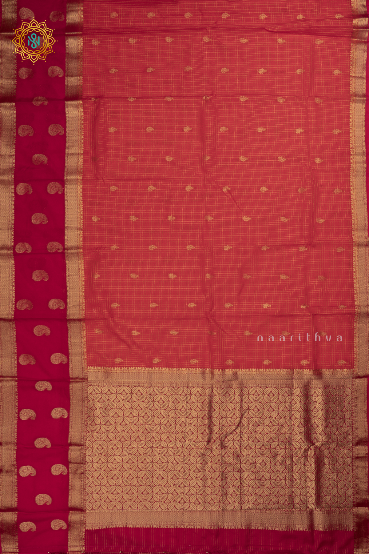 Orange with Rani Pink Semi Mysore Crepe Silk Saree with All-Over Zari Checks and Buttas and a Contrast Zari Gap Border