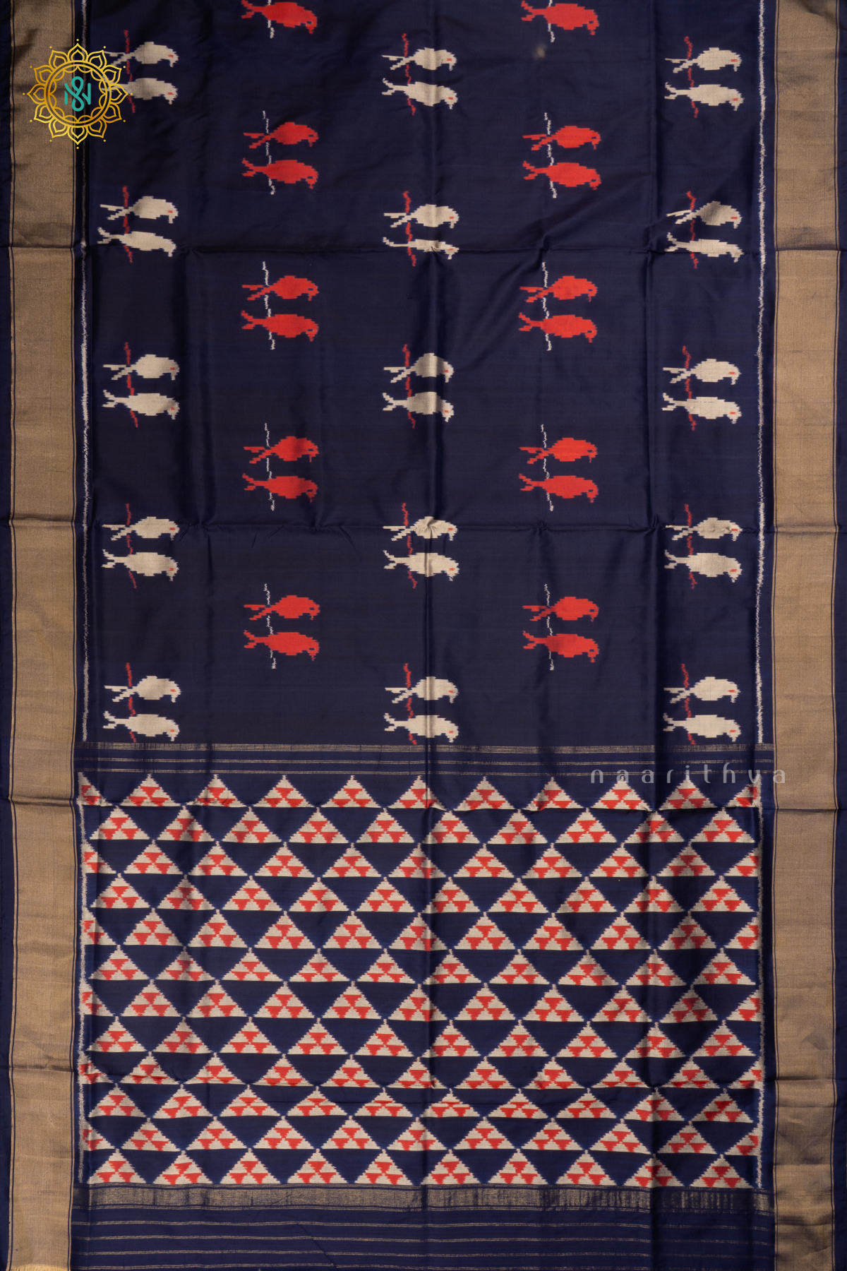 Navy Blue Ikkat Pure Silk Saree with Patola Printed Body and Zari Border