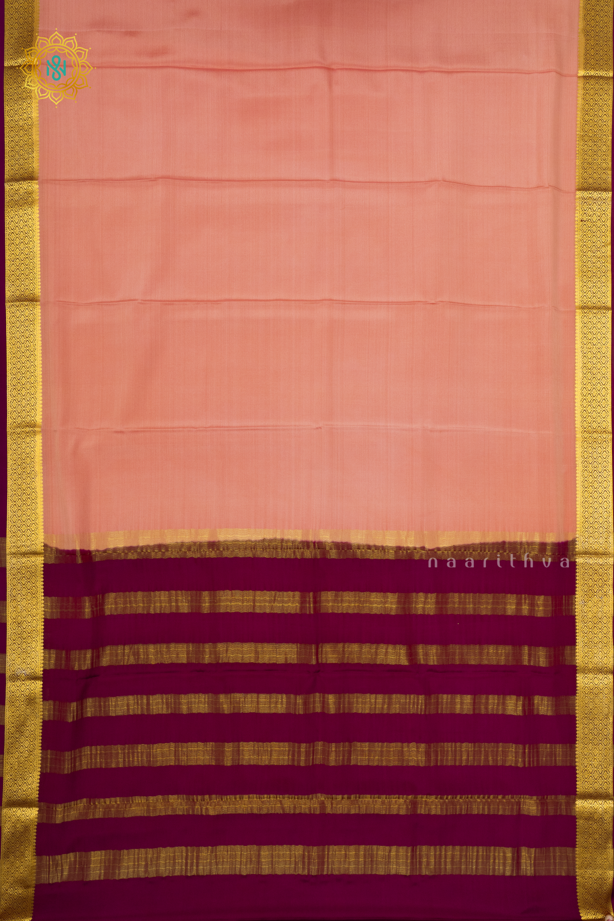 PEACH WITH BROWN - PURE MYSORE CREPE SILK