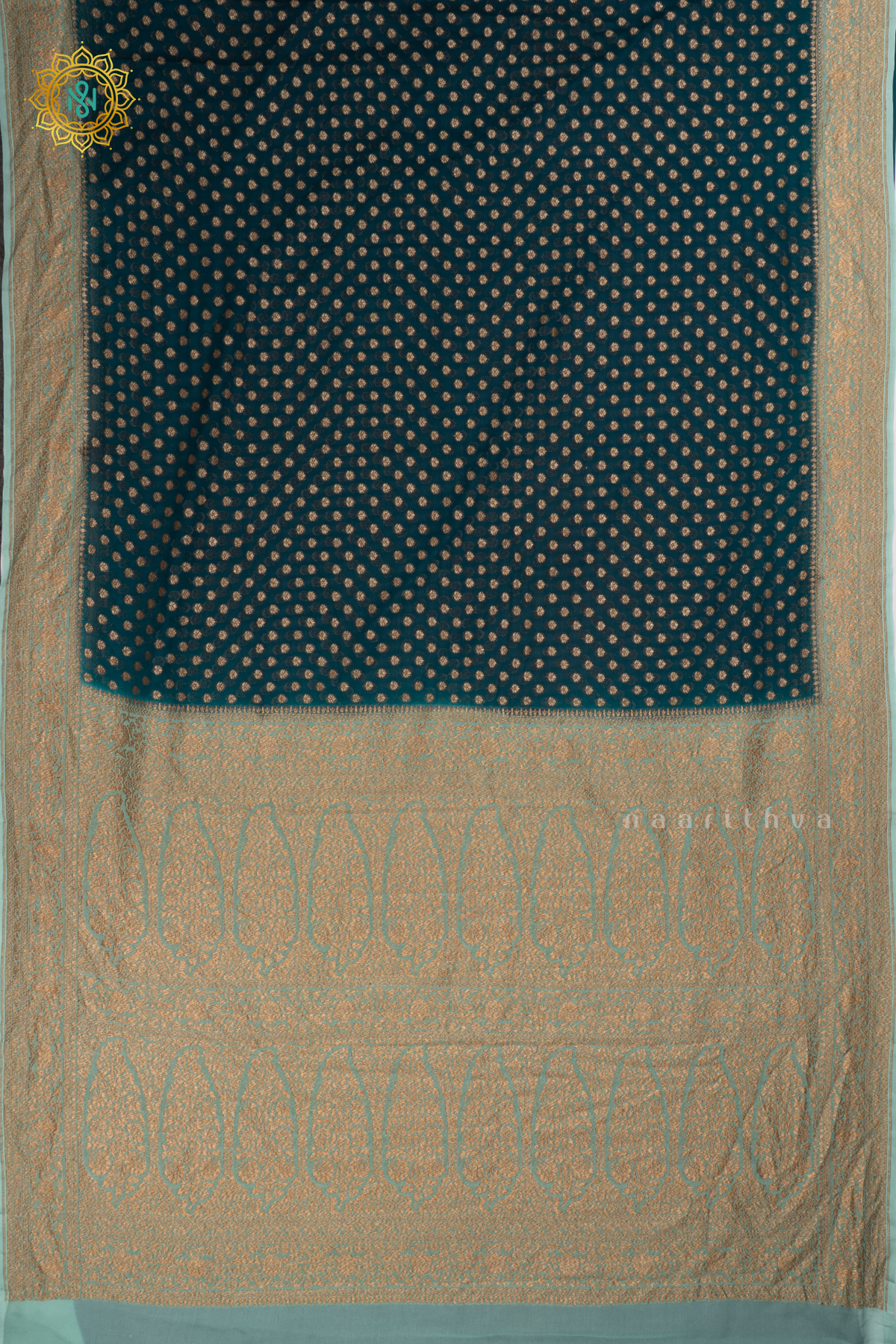 Peacock Blue with light Blue - Pure Banarasi Georgette Saree Allover Zari Buttas with Contrast Zari border