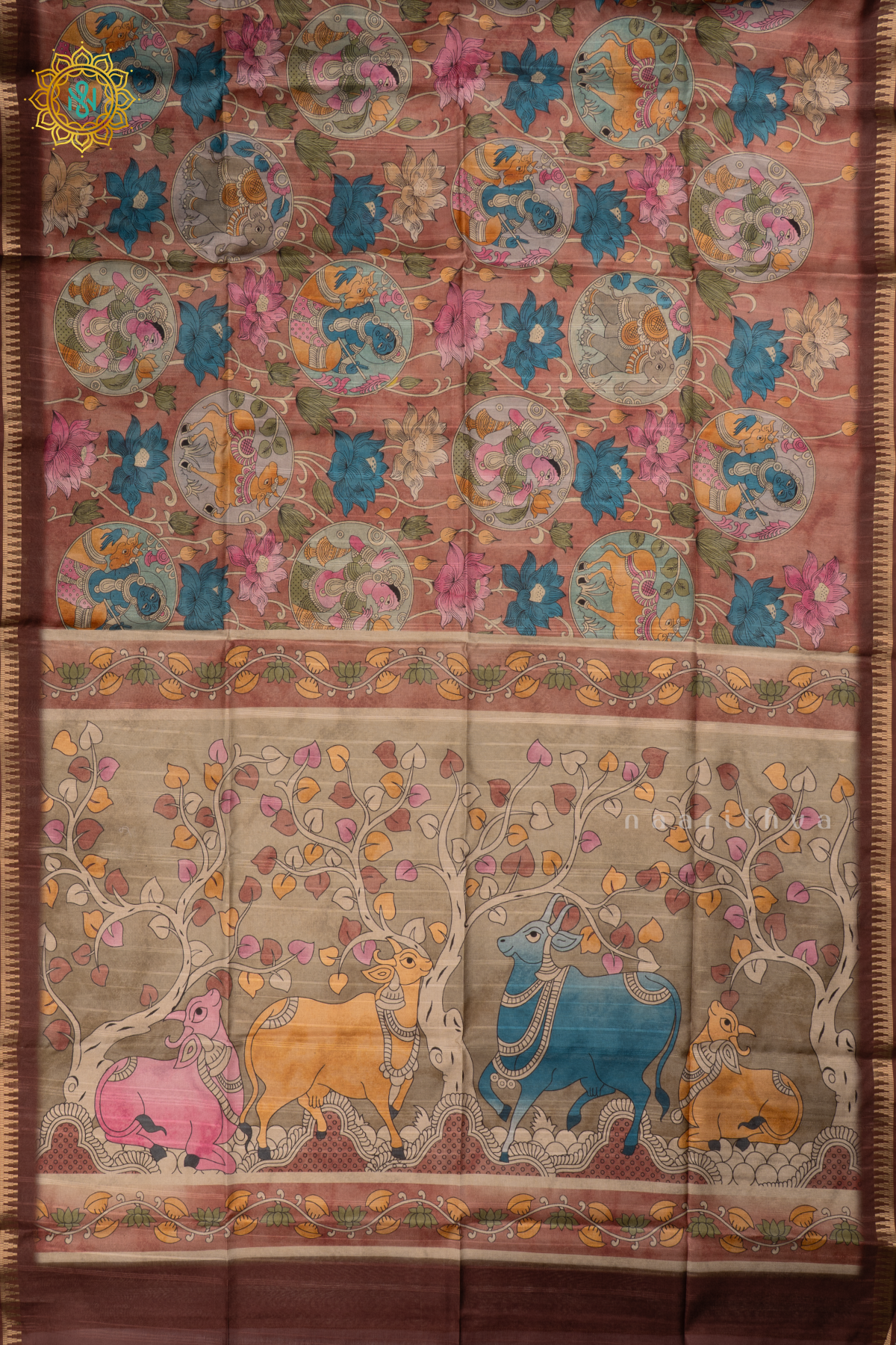 Dark Brown Semi Tussar Silk Saree With Kalamkari Prints allover the body,Pallu and Zari Border