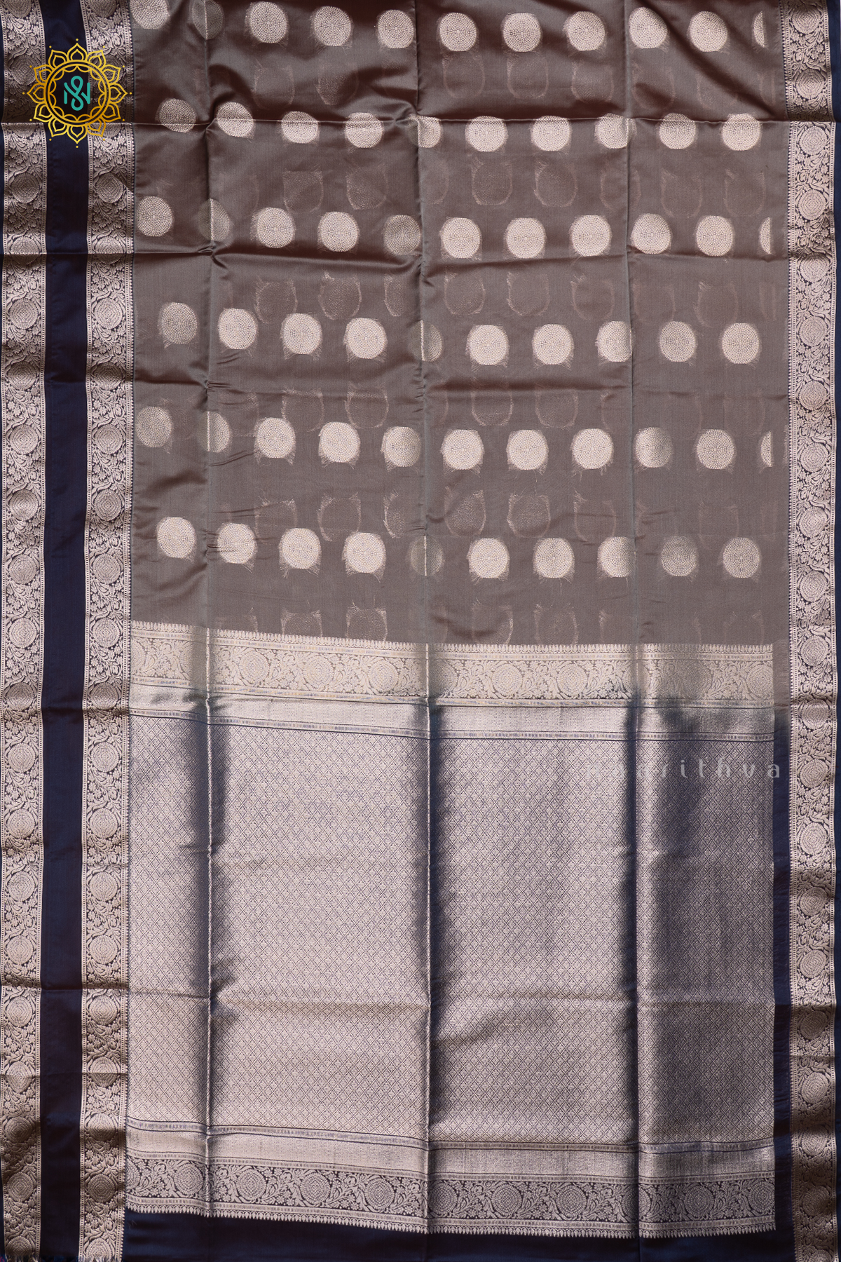 GREY WITH NAVY BLUE- SEMI SOFT SILK SAREE ALLOVER ZARI BUTTAS AND CONTRAST GAP BORDER