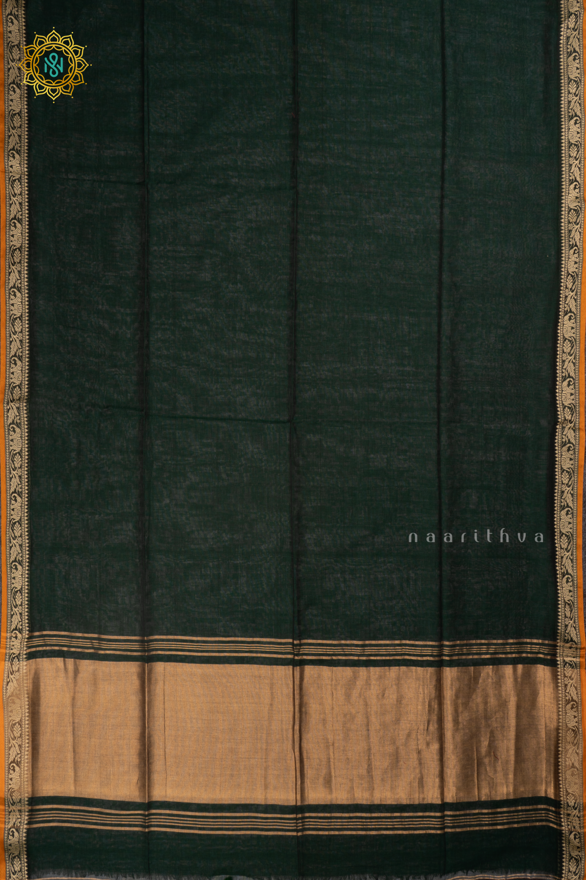 Bottle Green Mul Cotton Saree with Plain Body and Thread Woven Border