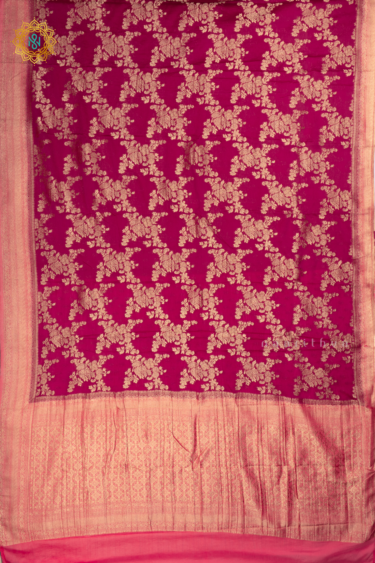 Magenta With Light Pink Semi Crepe Georgette With Zari Woven Floral Brocade Weaves And Zari Woven Contrast Border