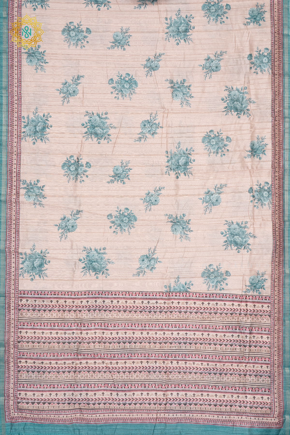 BEIGE WITH AQUA GREEN - SEMI TUSSAR